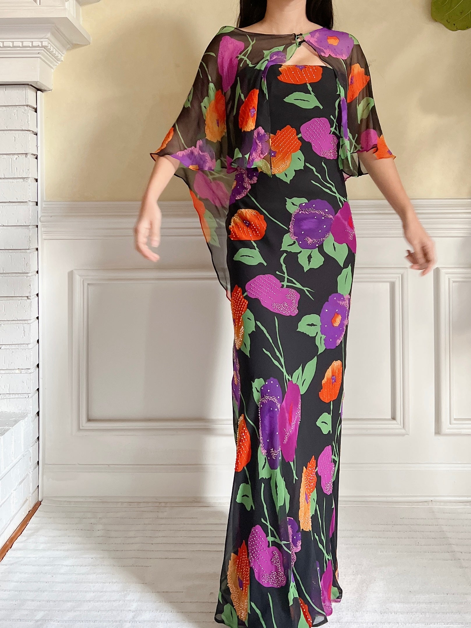 Vintage Silk Floral Cape and Dress - S/M