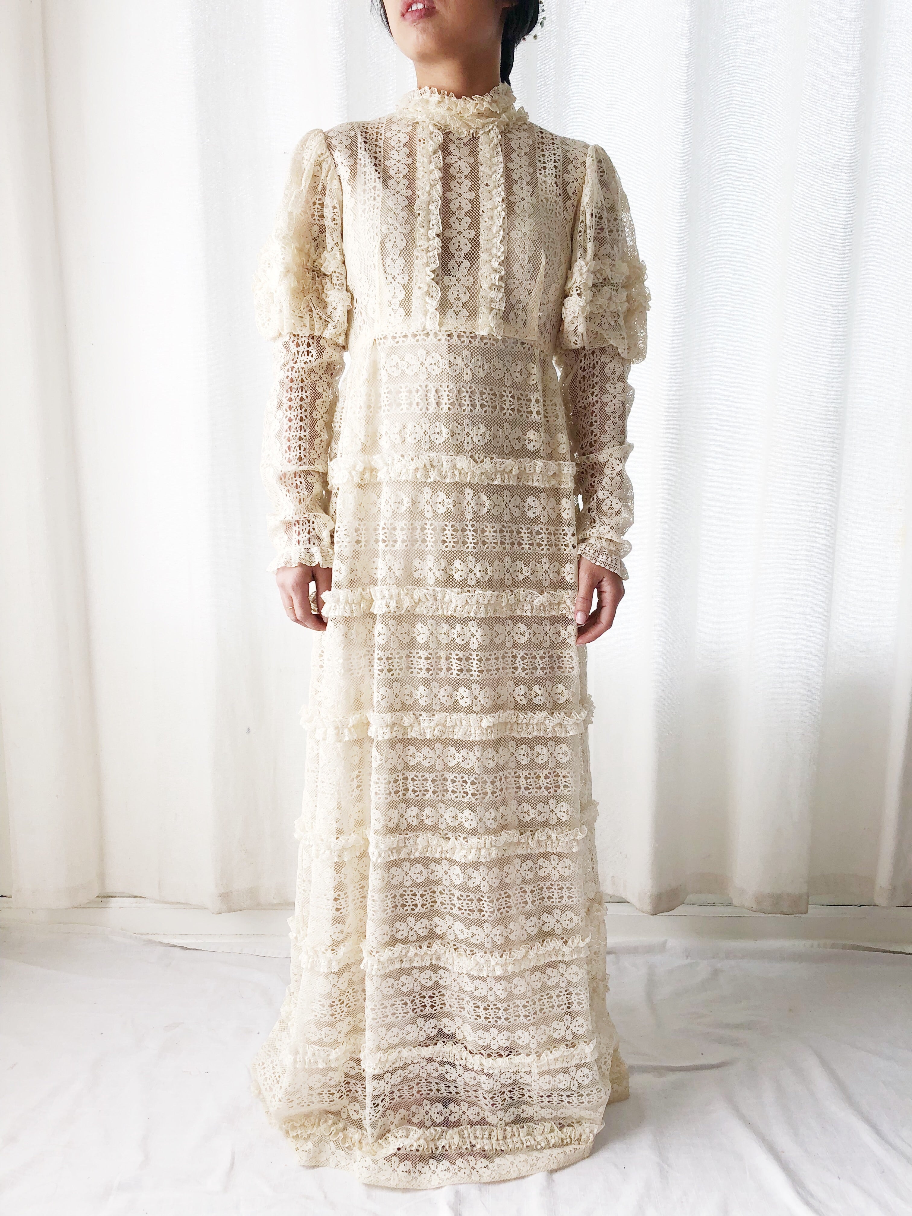 1970s Bohemian Puff Sleeves Lace Dress - S