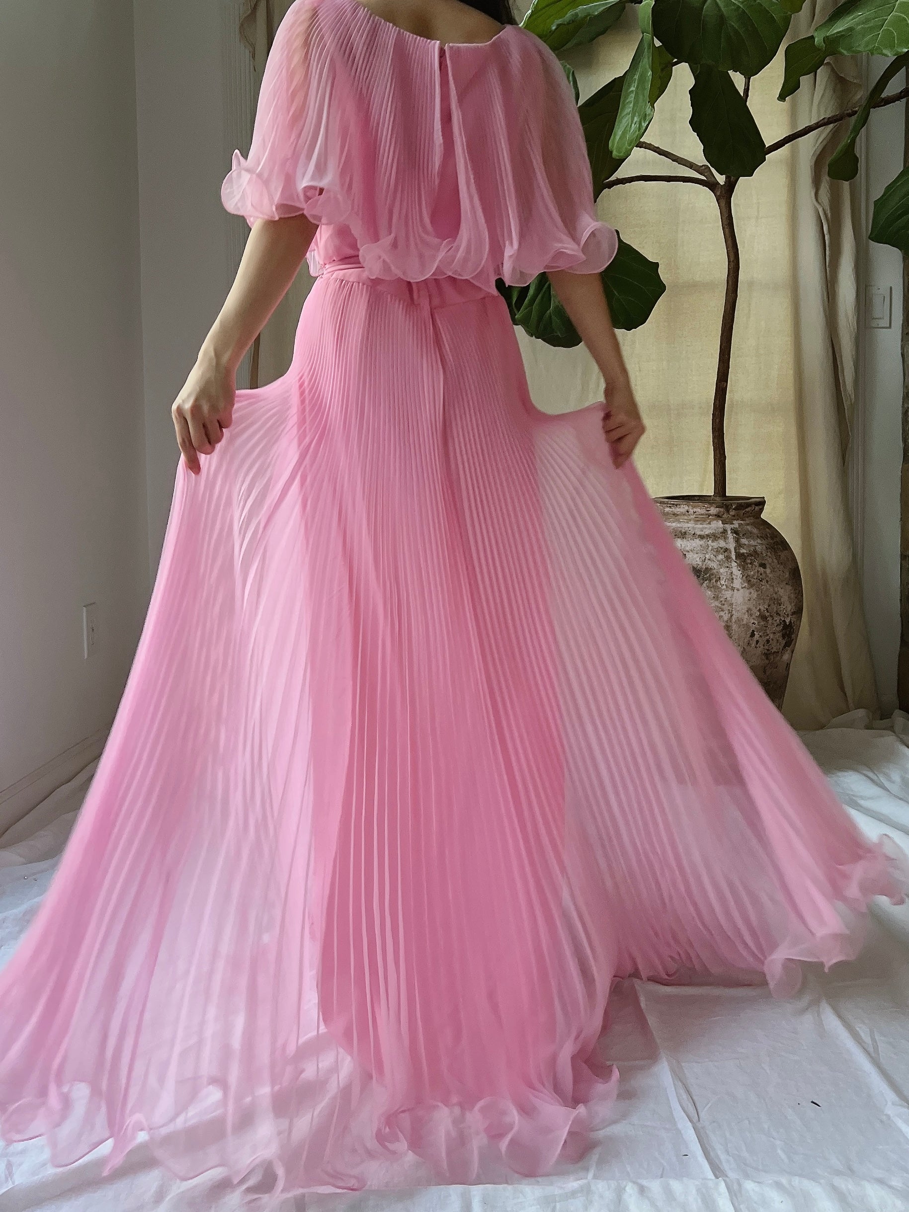 Vintage Pleated Cape Collar Dress - S