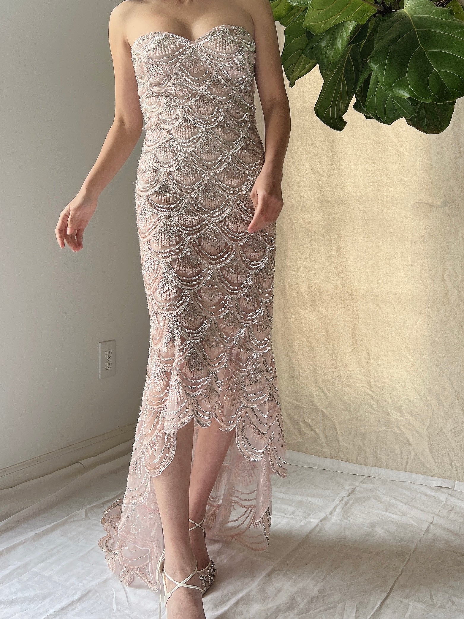 Strapless Sequins Tulle Hi-Low Dress - XS