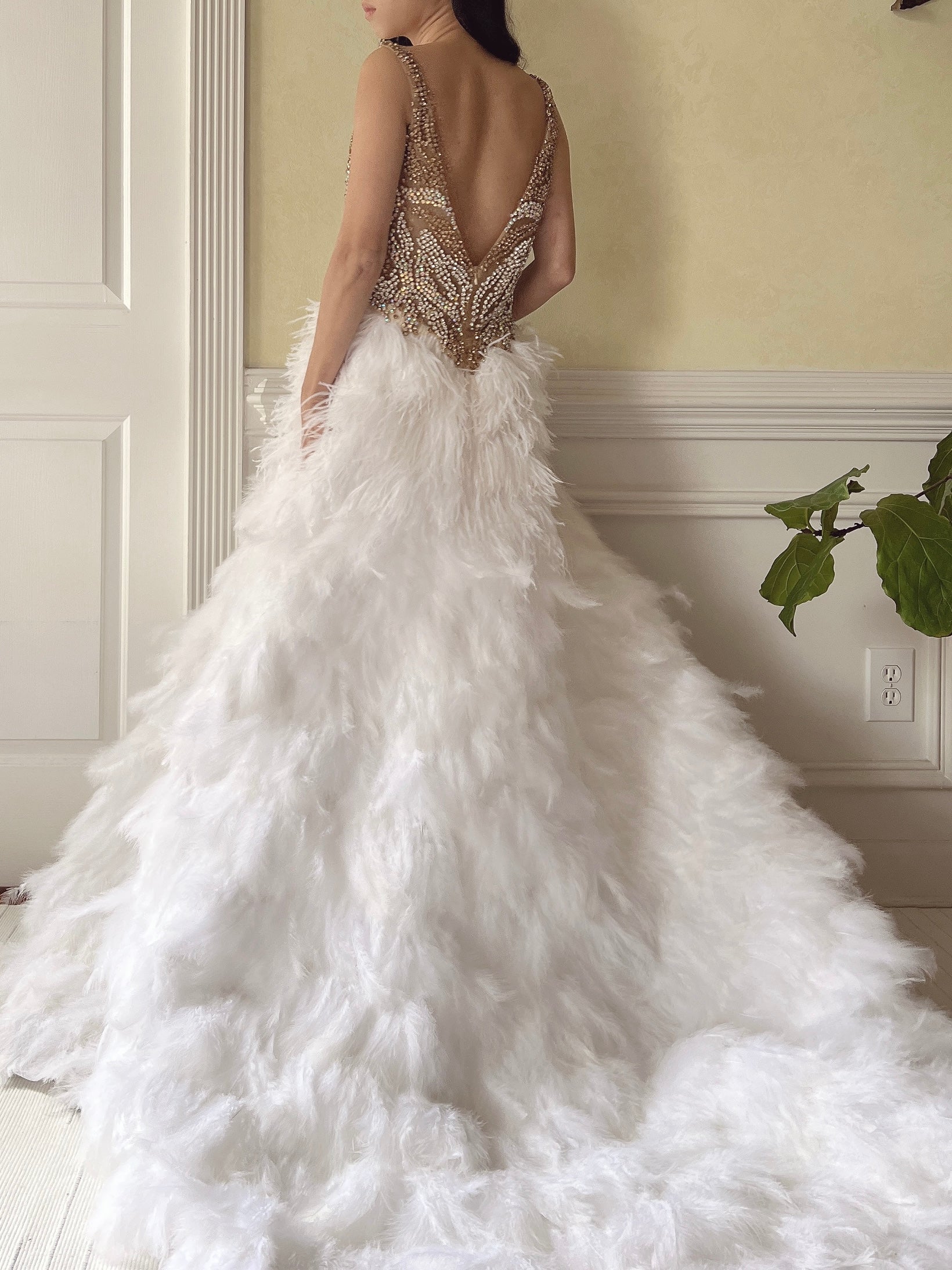 Hand Beaded Feather Gown - S/6