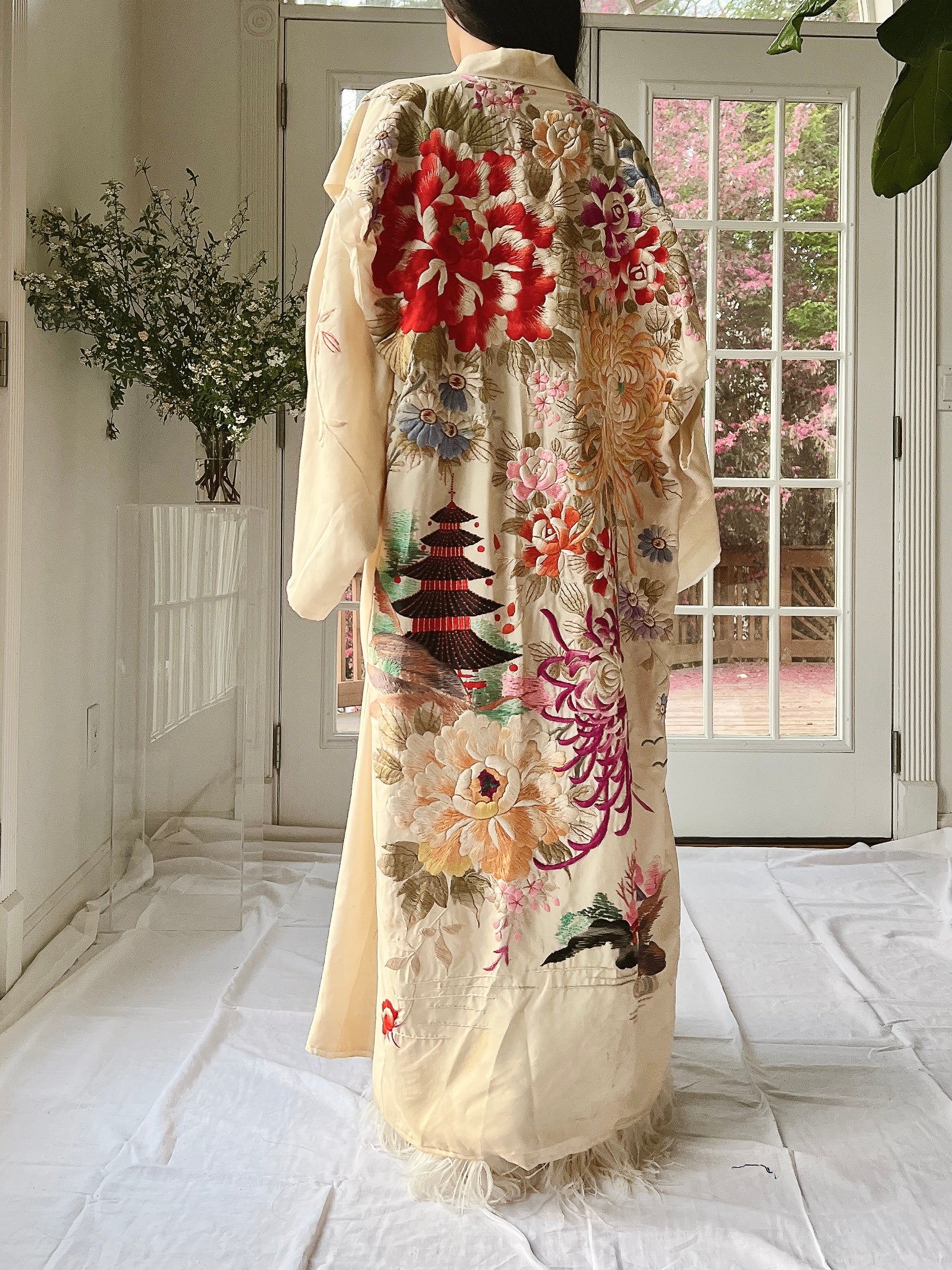 RARE Antique Couched Silk Floral Embroidered Kimono - OSFM