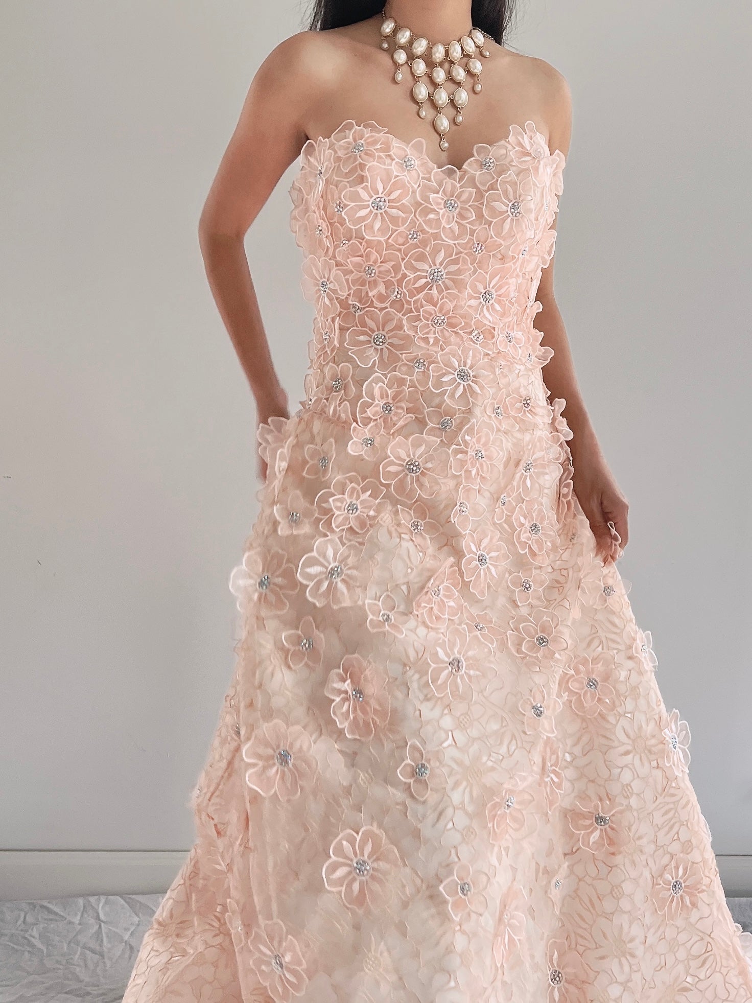 Y2K Peach Floral Applique Gown - S/6