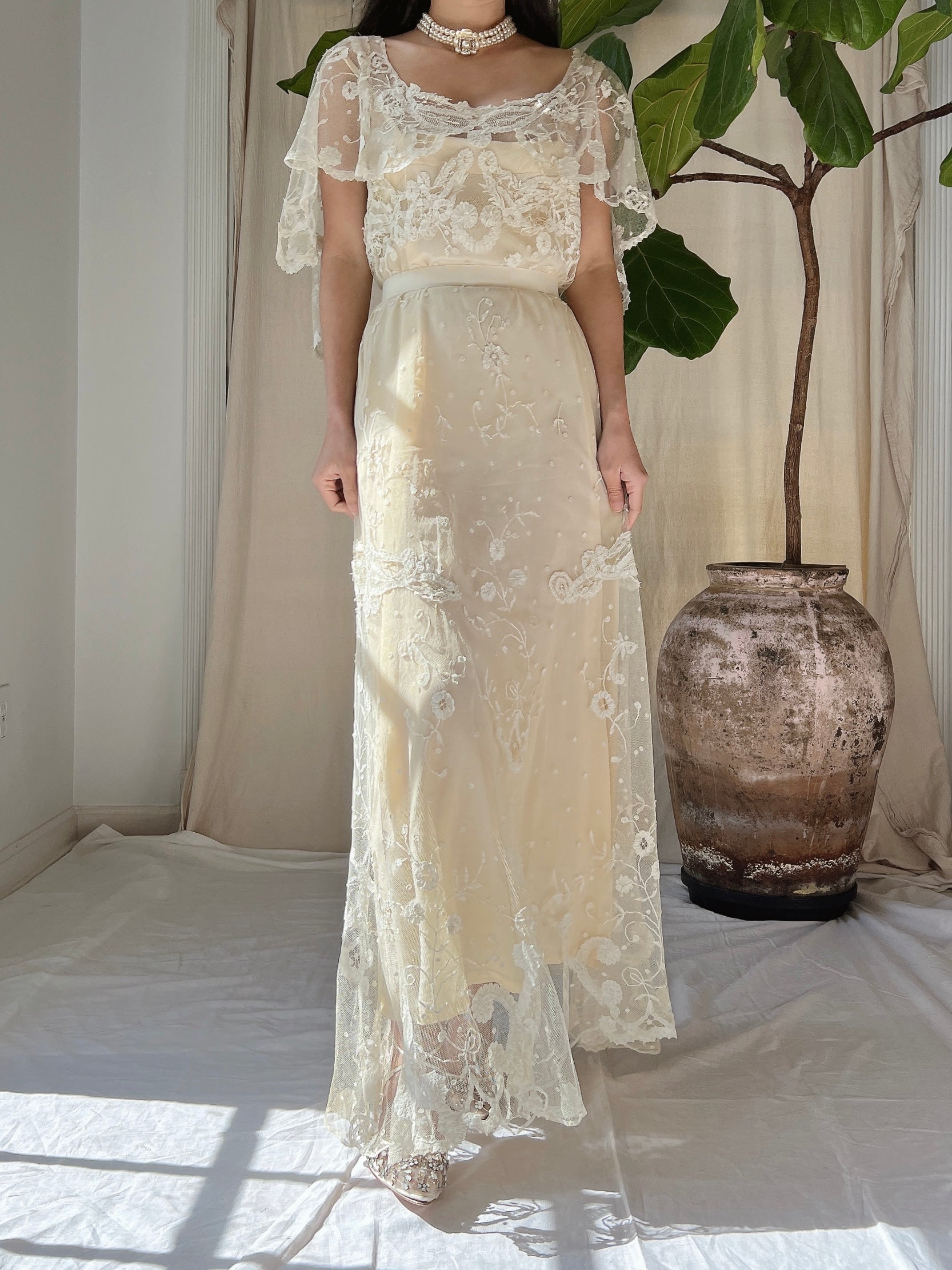 Antique Duchesse Lace Gown with Silk Slip - S