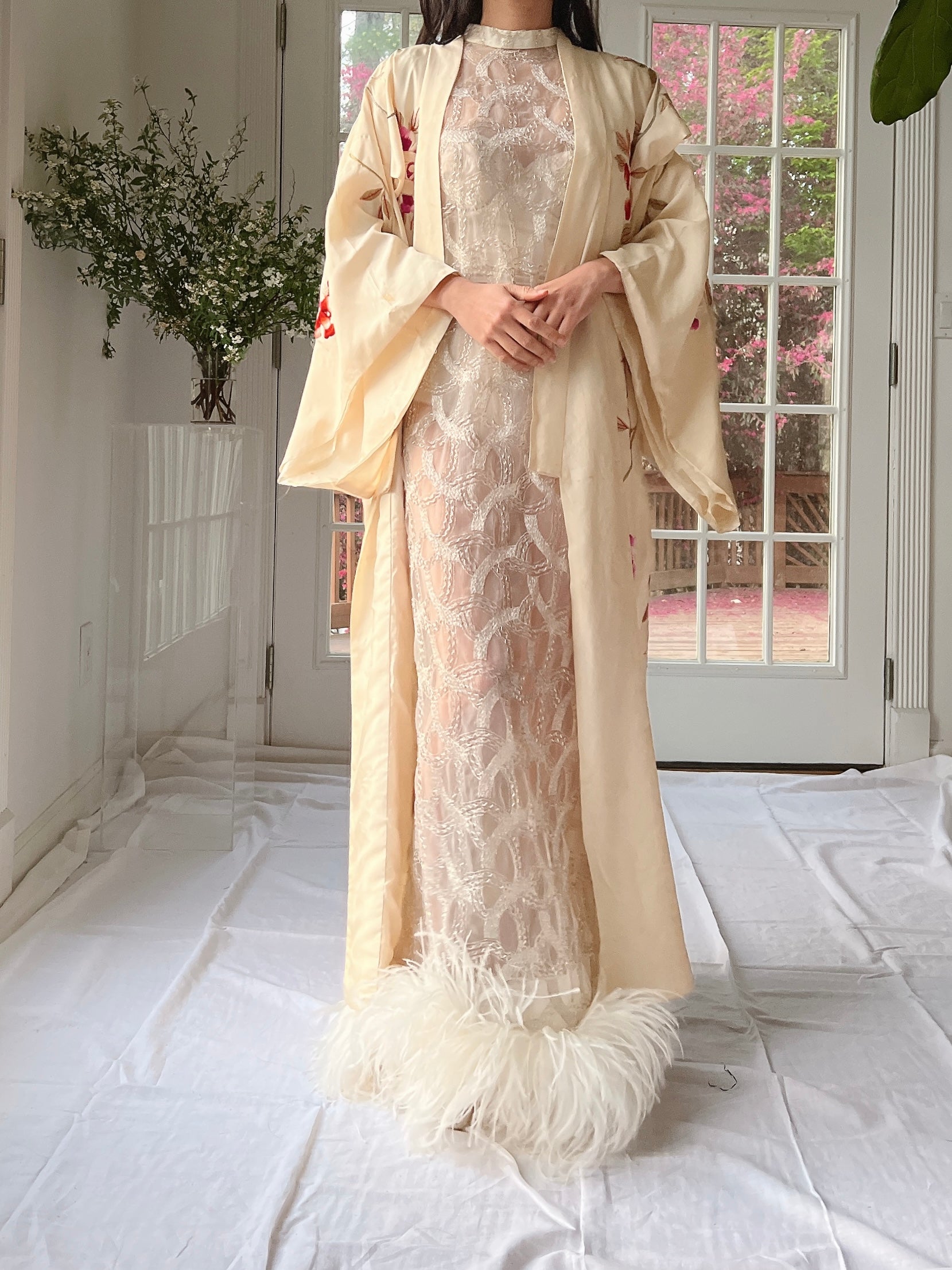 RARE Antique Couched Silk Floral Embroidered Kimono - OSFM