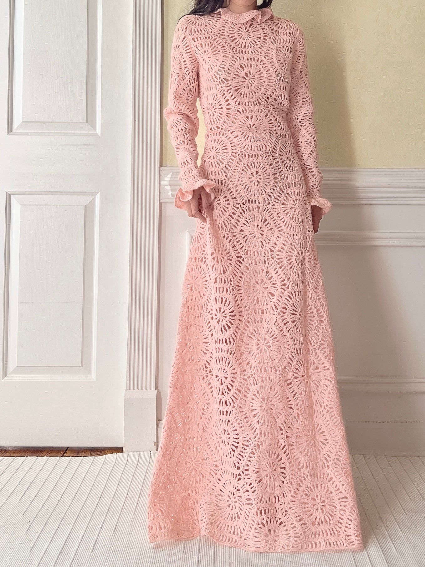 Vintage Pink Crochet Gown - M