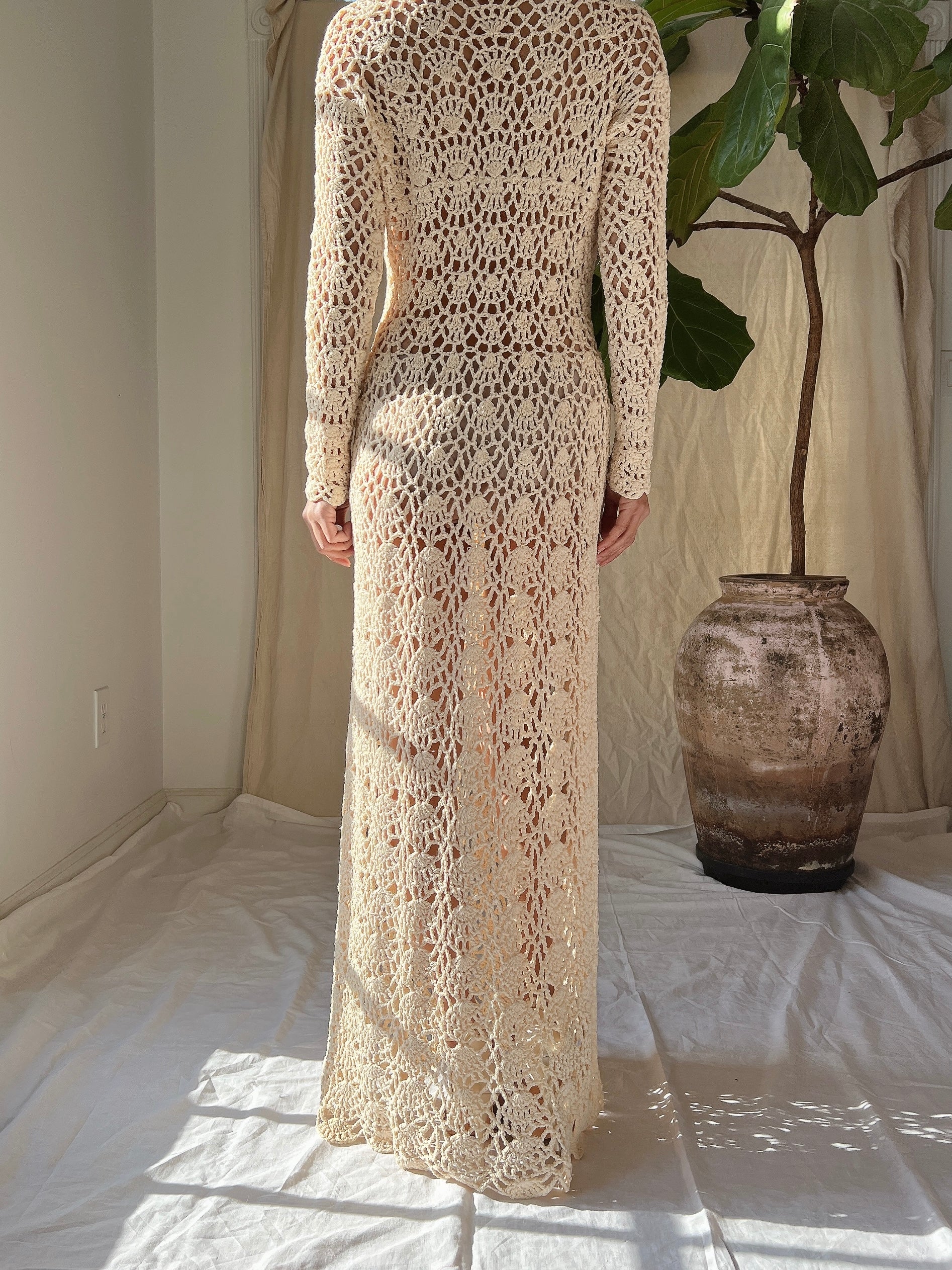 1970s Long Sleeves Crochet Dress - S-M