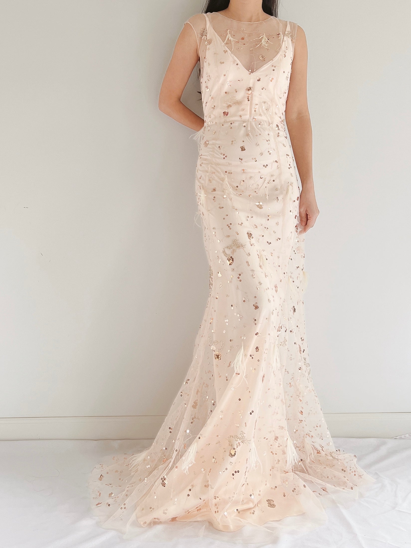 GOSSAMER Tulle Peach Sequins and Feather Gown - S/M