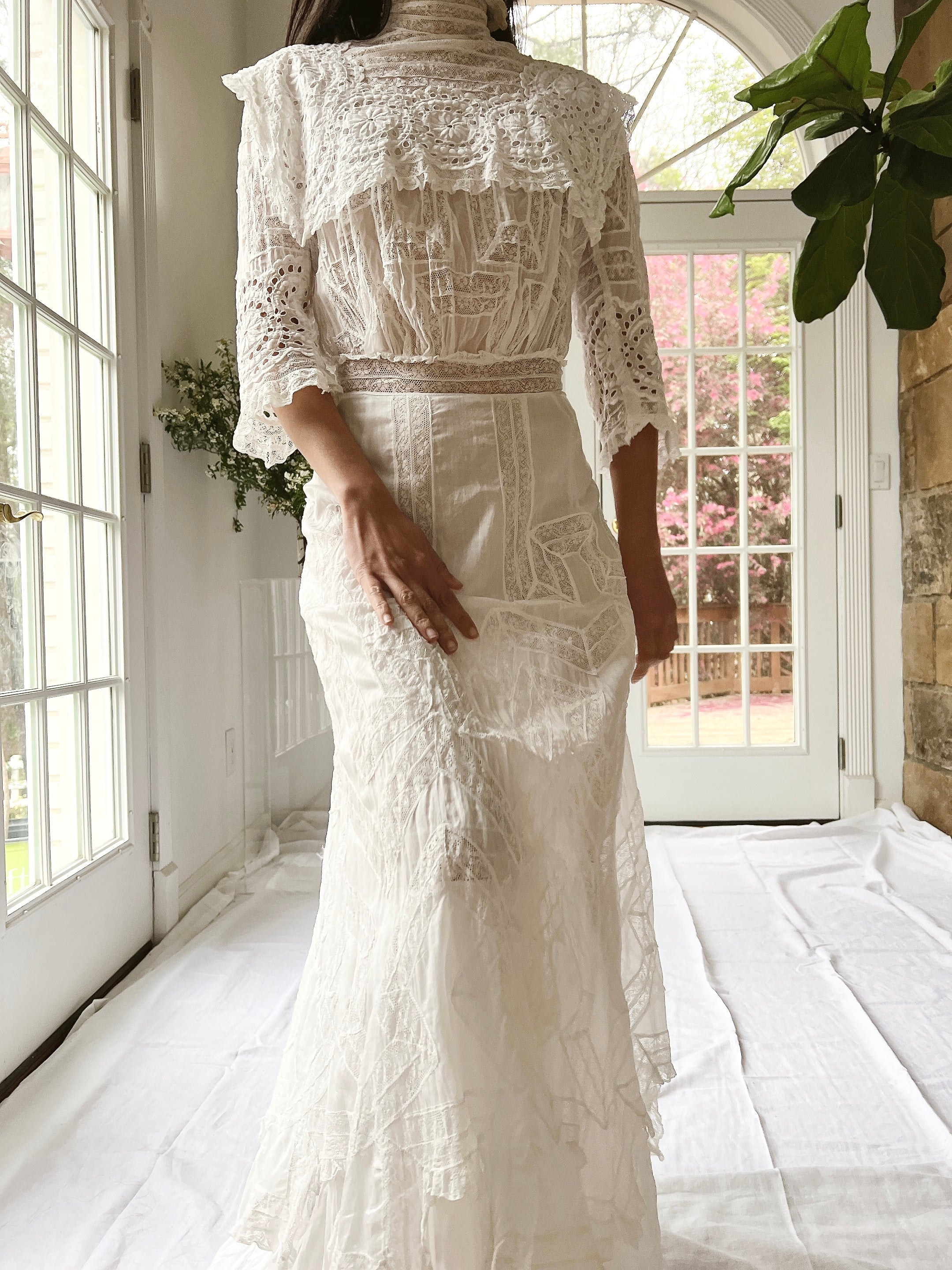 Antique High Neck Cotton and Lace Gown - XS