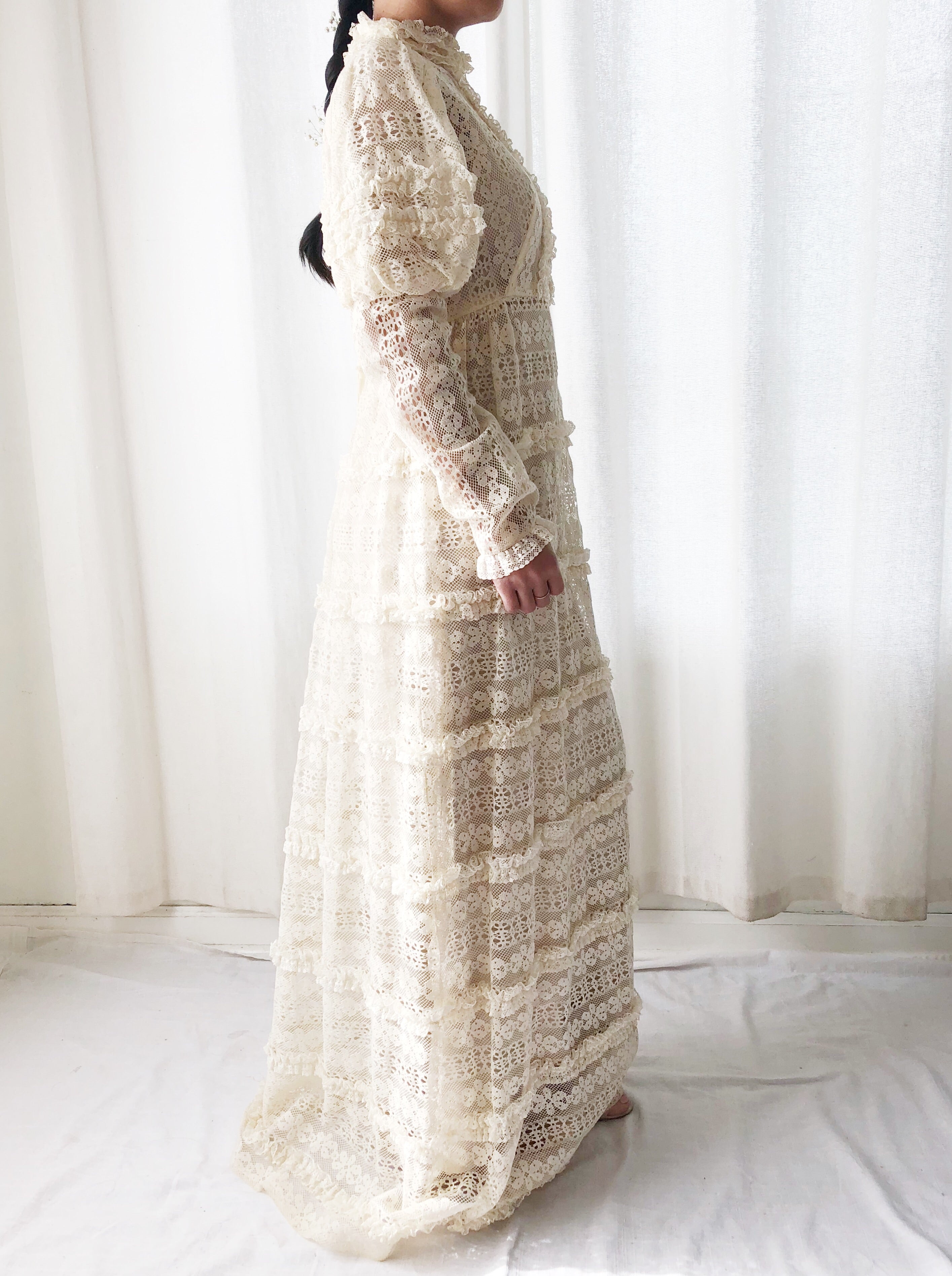 1970s Bohemian Puff Sleeves Lace Dress - S
