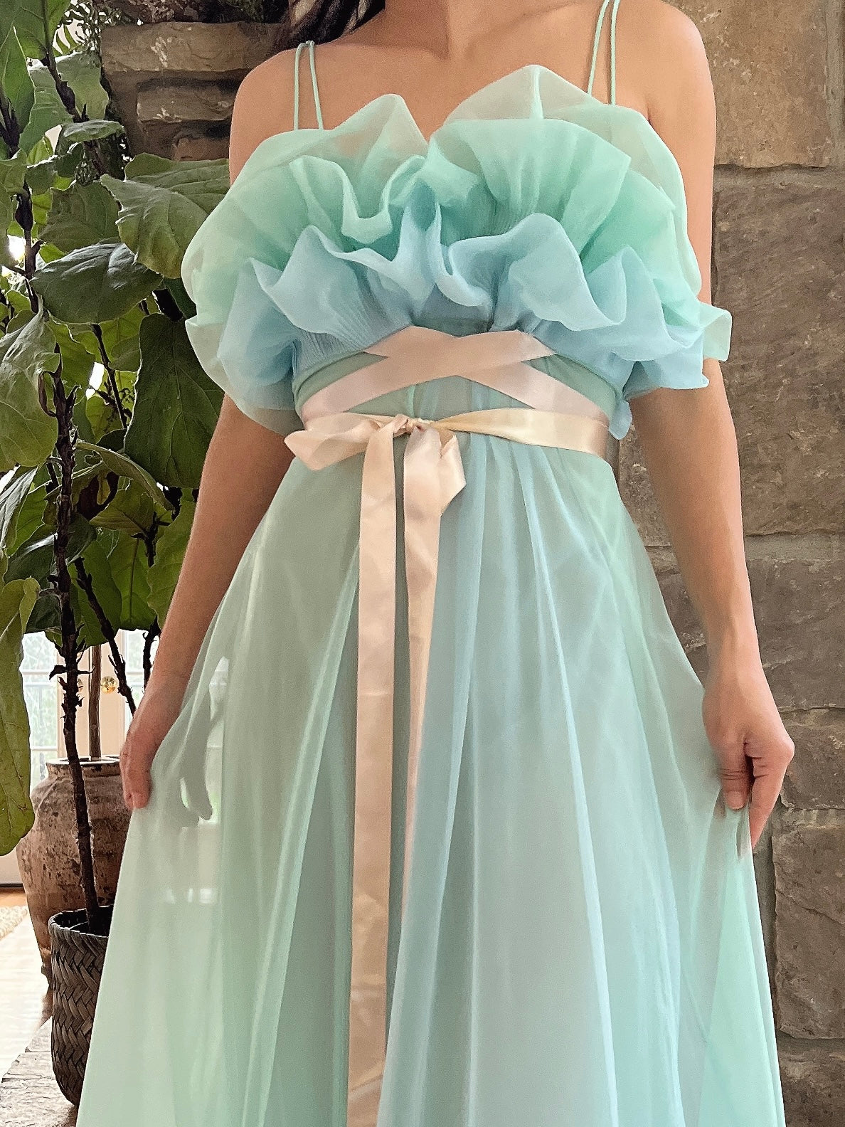 1960s Teal Sheer Tricot Chiffon Tulip Bust Gown - S/M