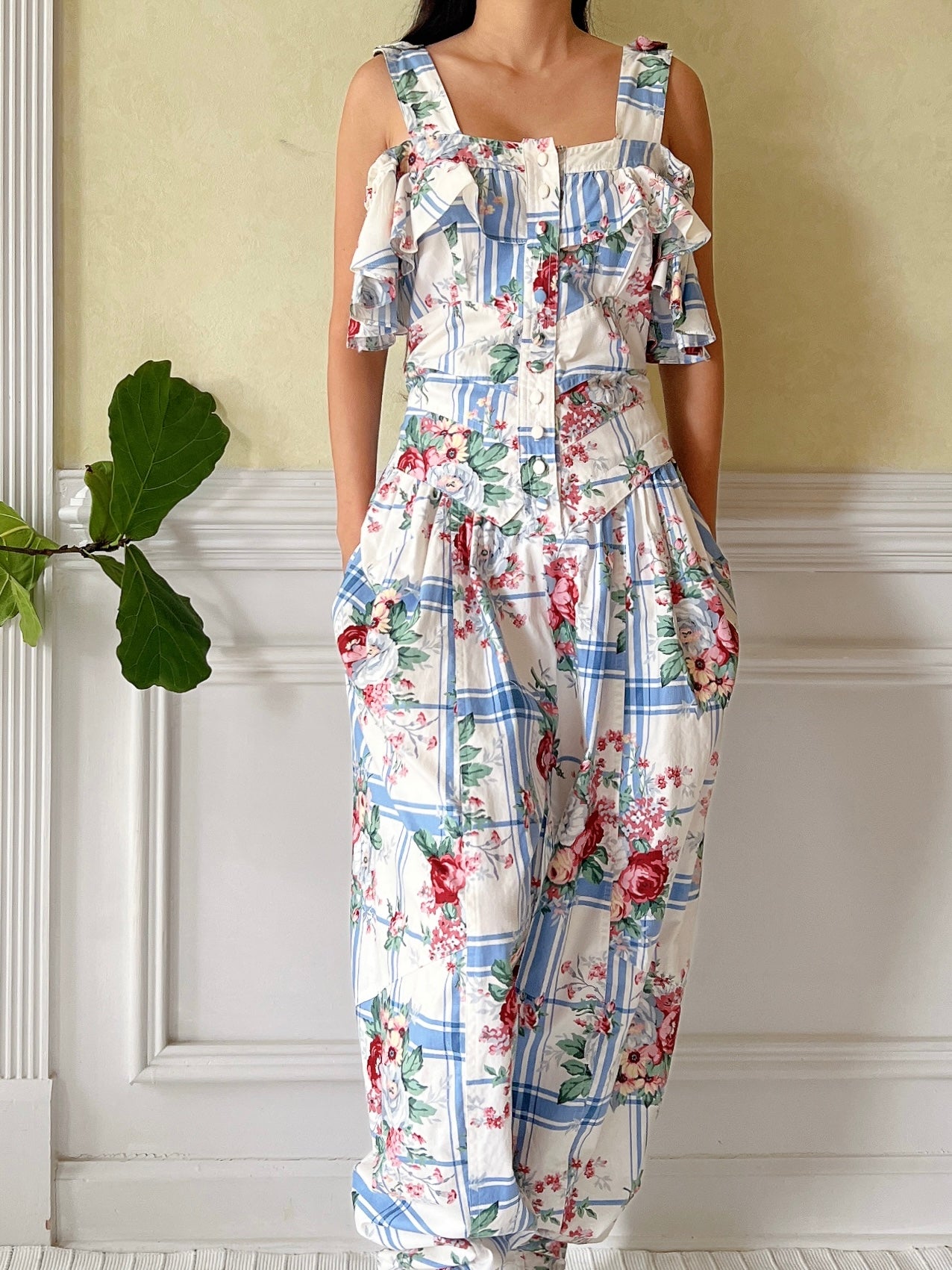 Vintage Karen Alexander Linen Floral Romper - M