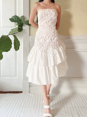 1980s Victor Costa Tiered Lace Dress - M