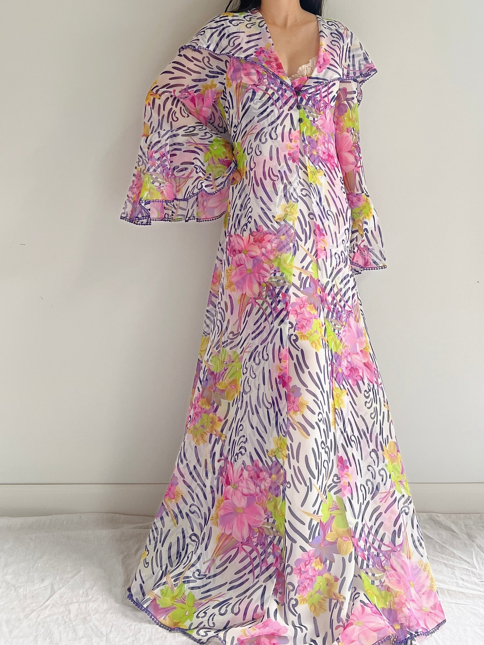 Vintage 2-Piece Chiffon Floral Robe/Slip Set - M