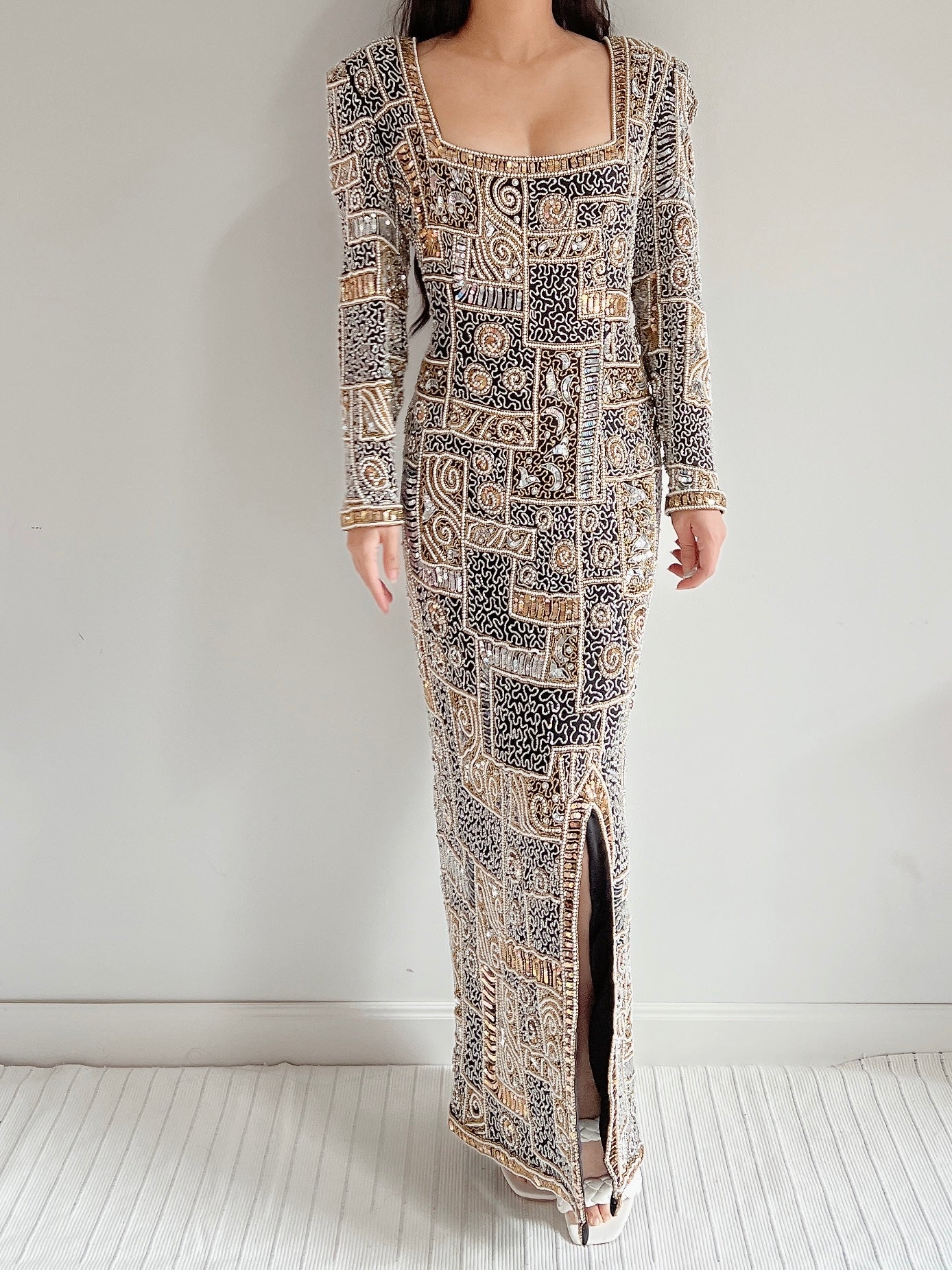 1980s Silk Chiffon Heavily Beaded Gown - M