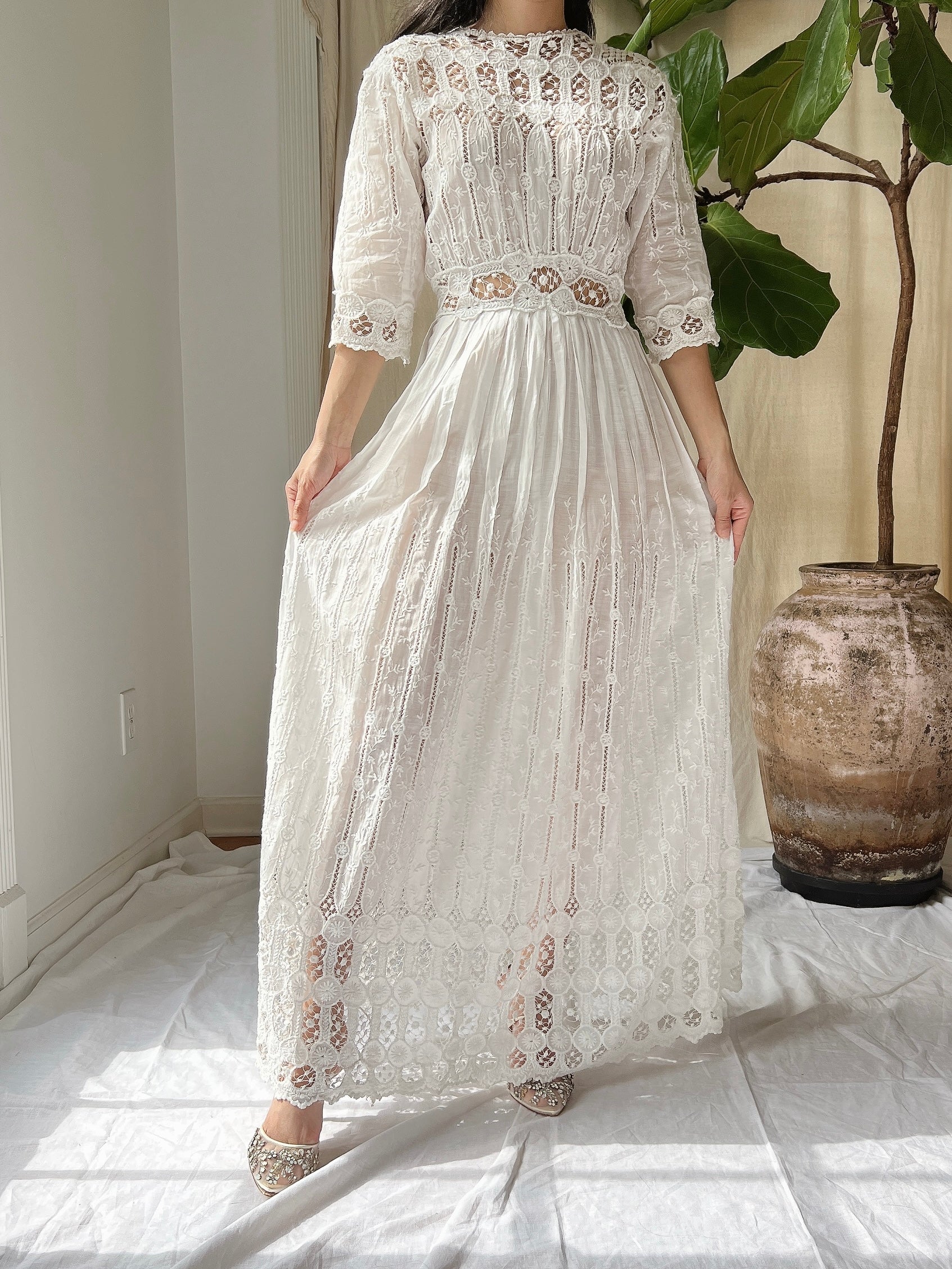 Antique Cotton Embroidered Dress - S