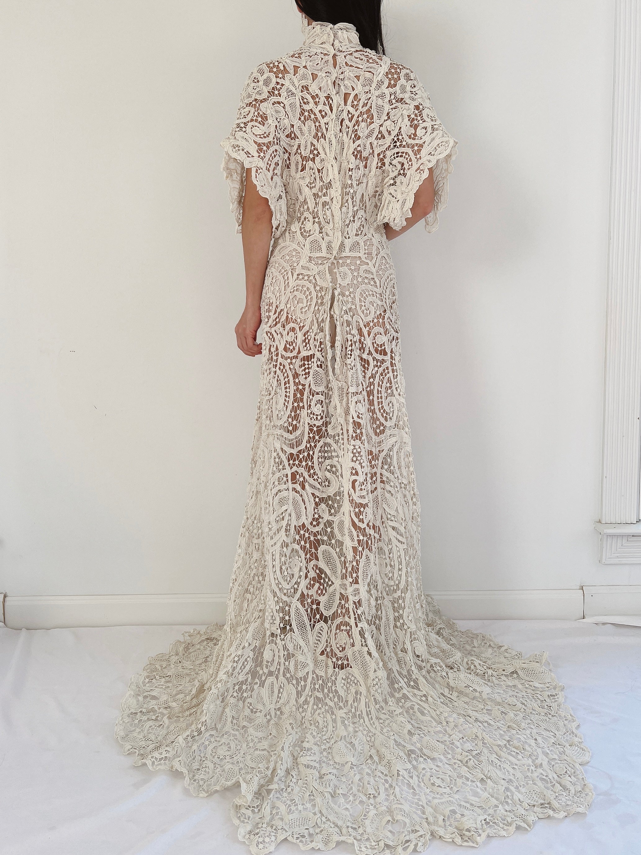 Rare Antique Battenburg Tape Lace Gown - S-M