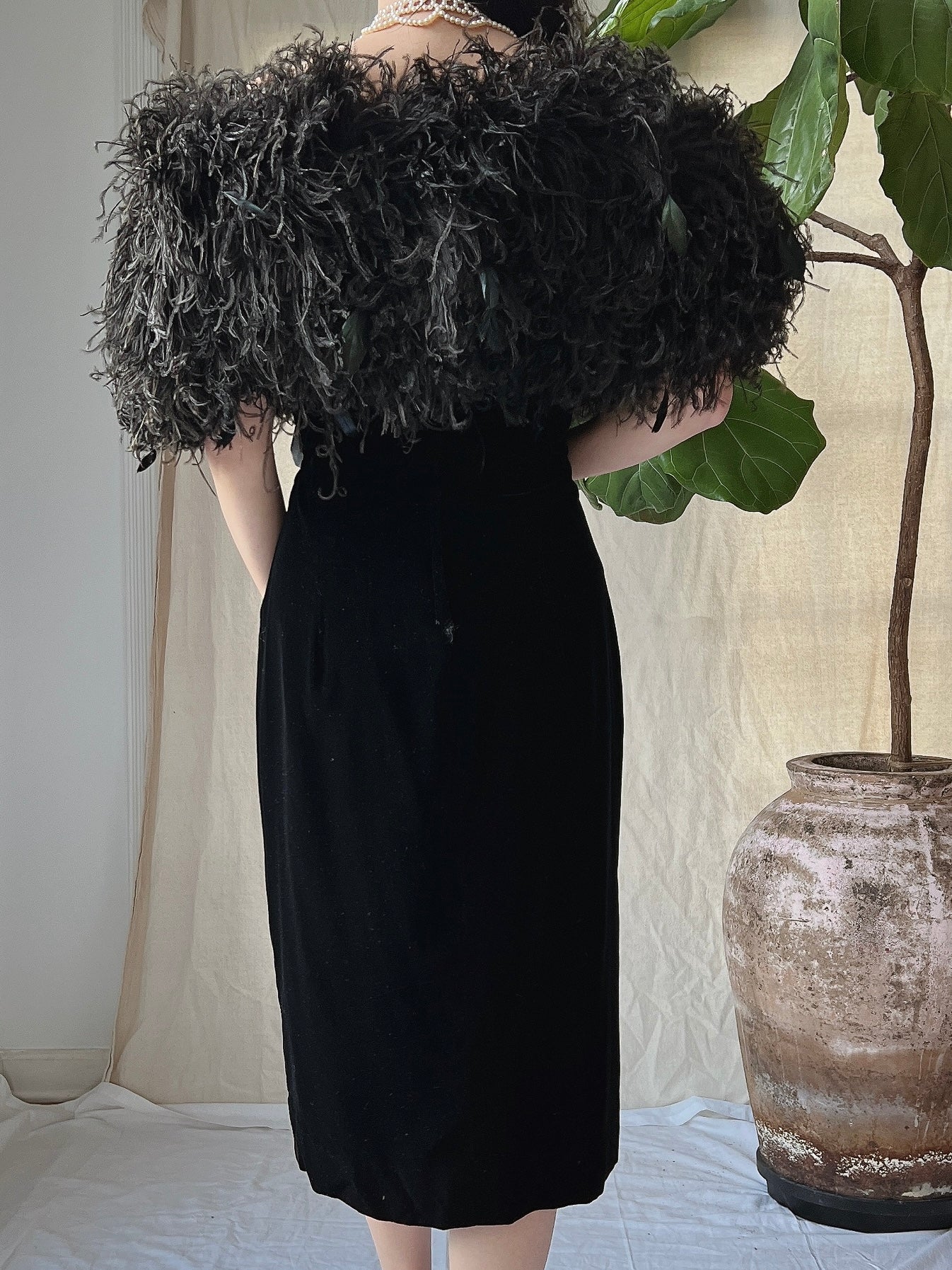 Vintage Ostrich Feather Collar Velvet Dress - XS