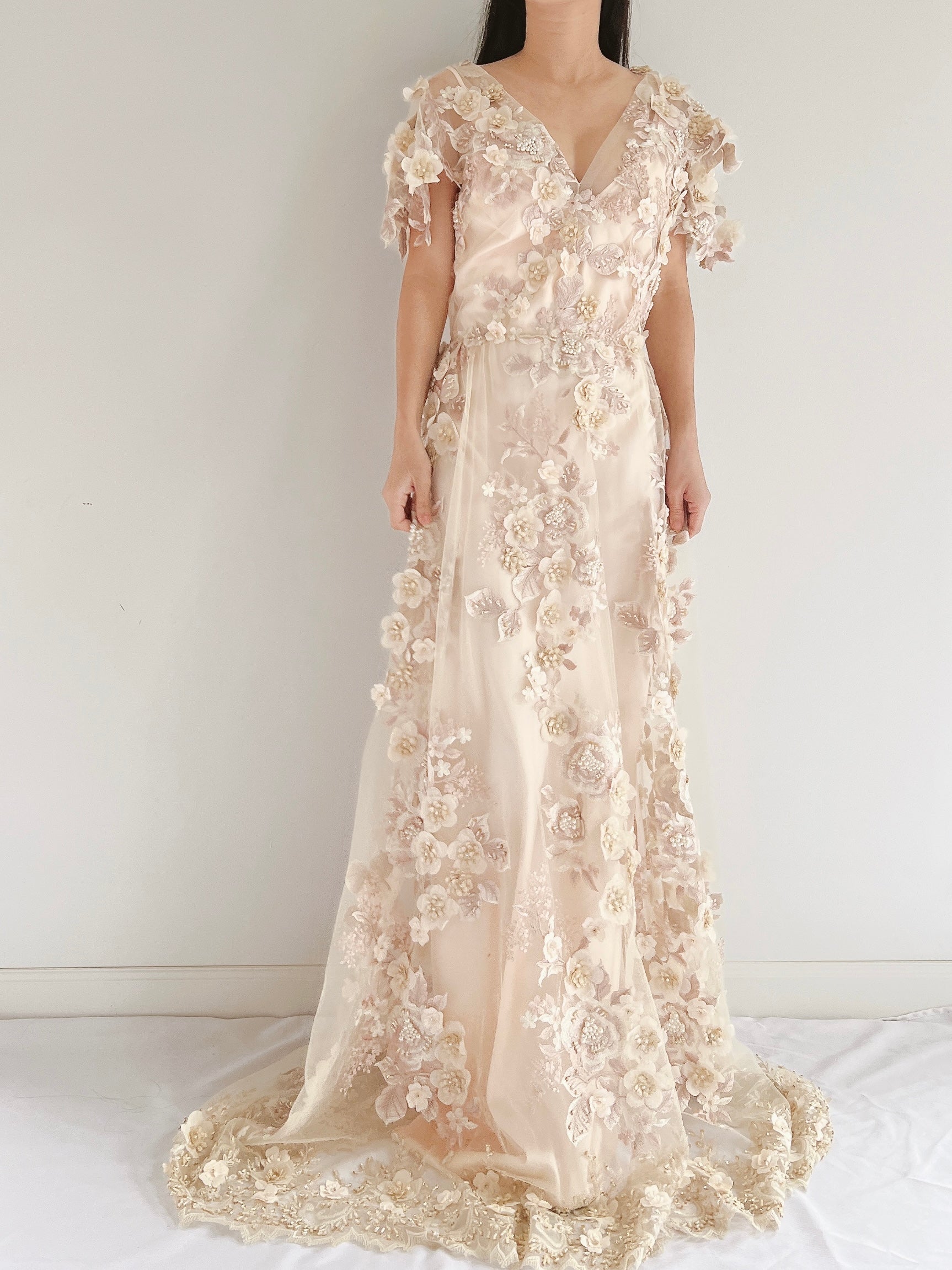 GOSSAMER Embroidered Cap Sleeves Gown - S/M