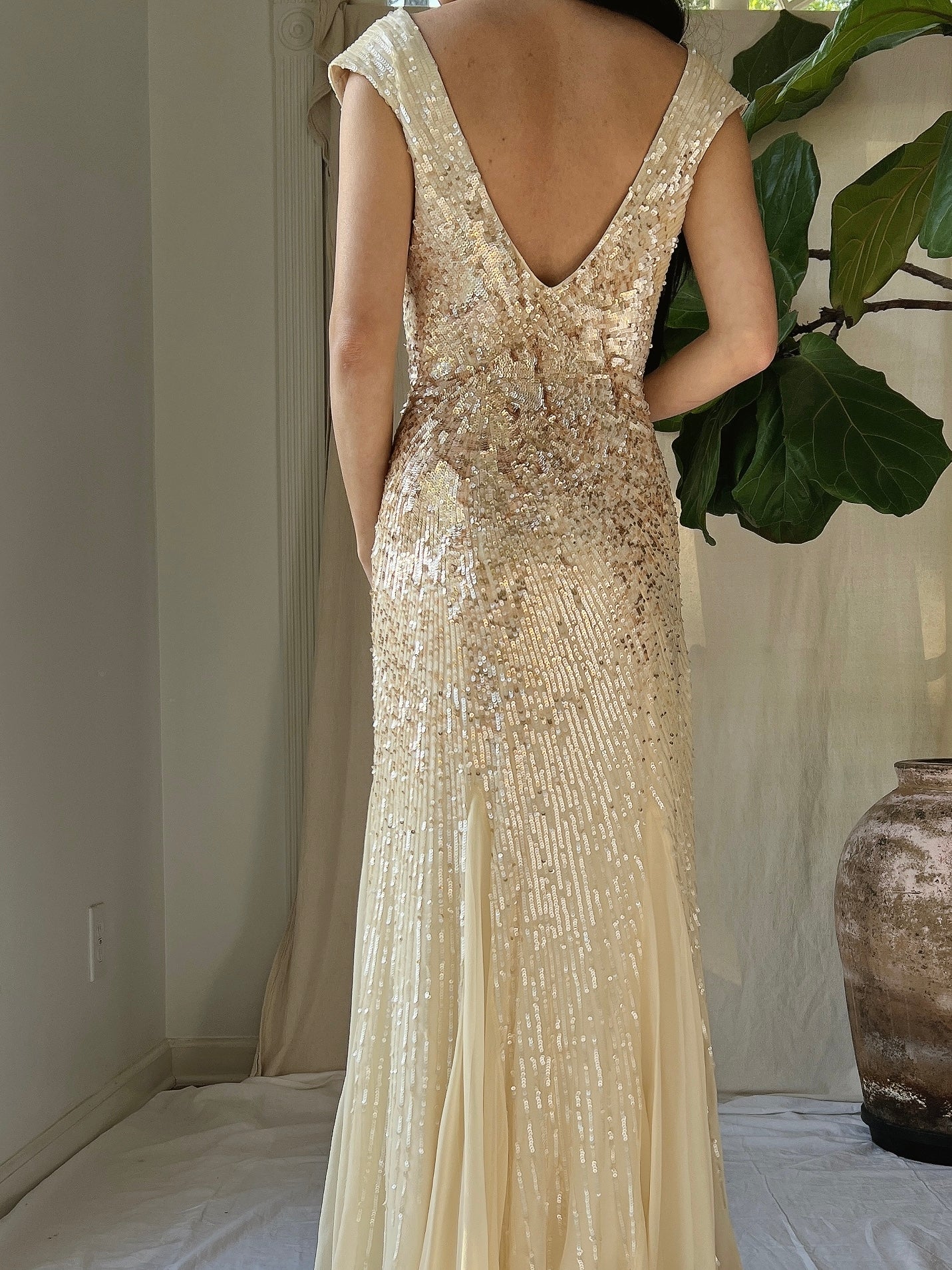 Ivory and Gold Beaded Silk Gown - XS/2