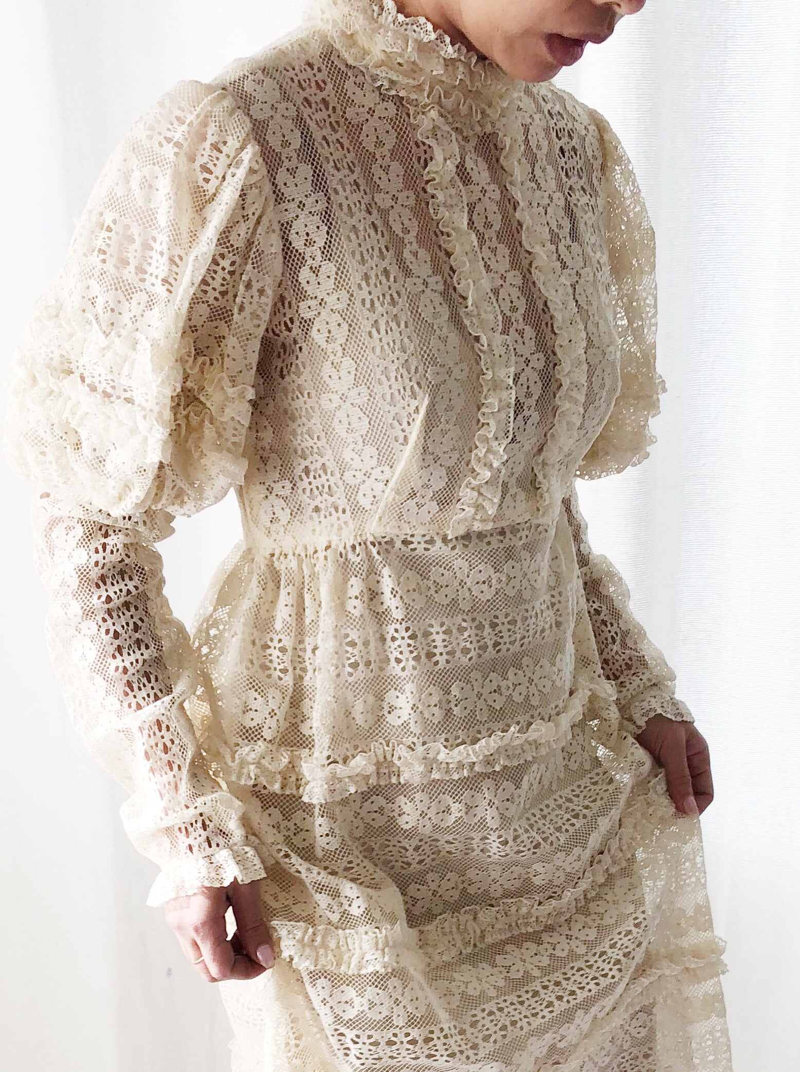 1970s Bohemian Puff Sleeves Lace Dress - S