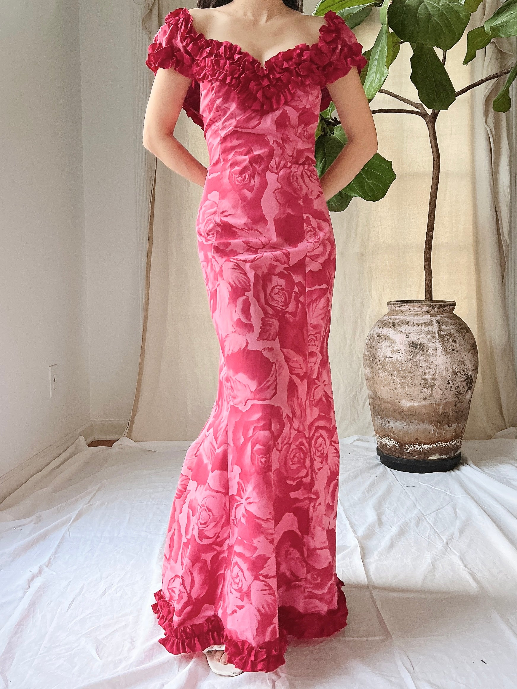 Vintage Polished Cotton Ruffle Shoulder Dress - S/M