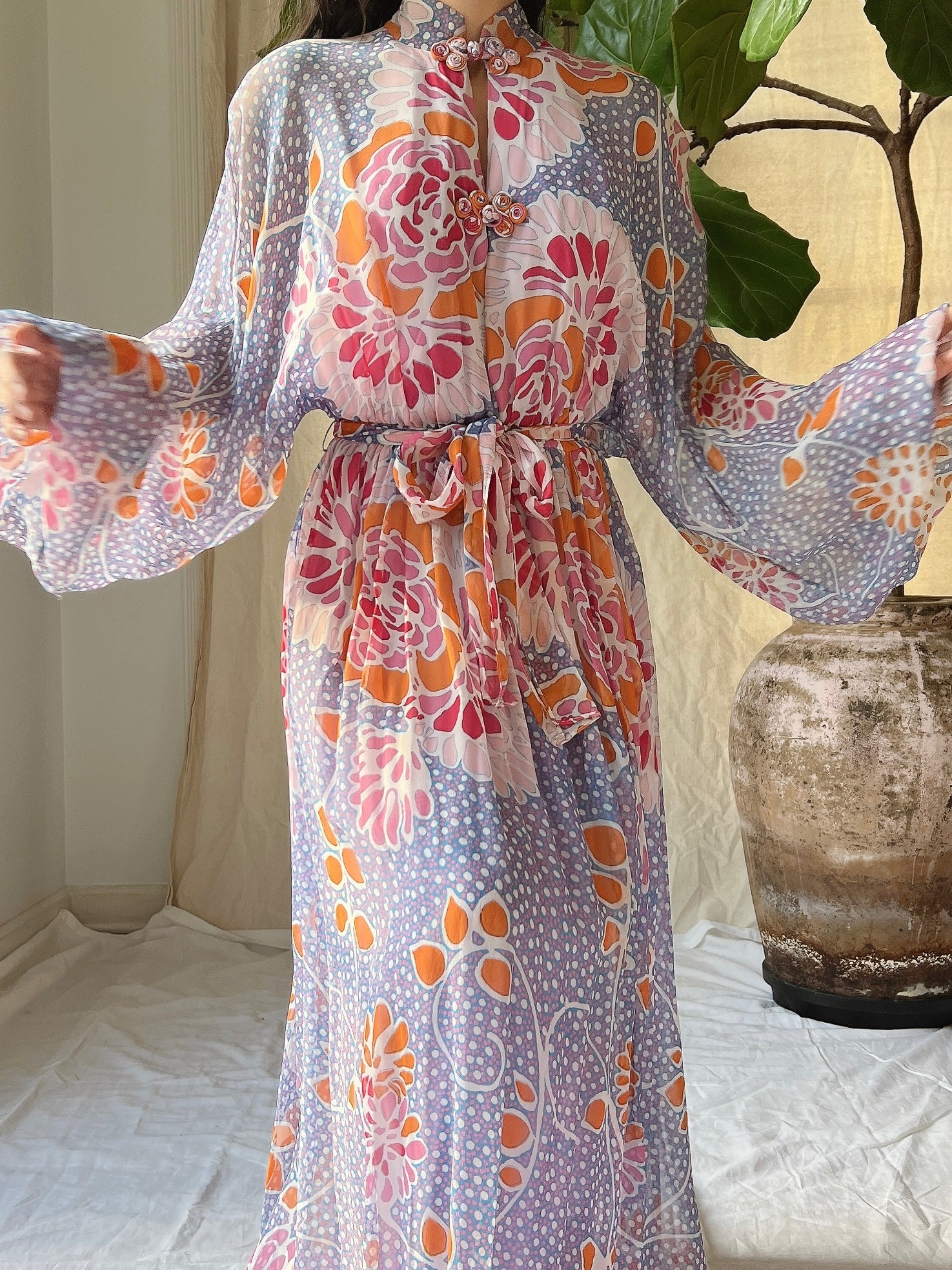 1970s Albert Capraro Chiffon Poet Sleeve Gown - S/M