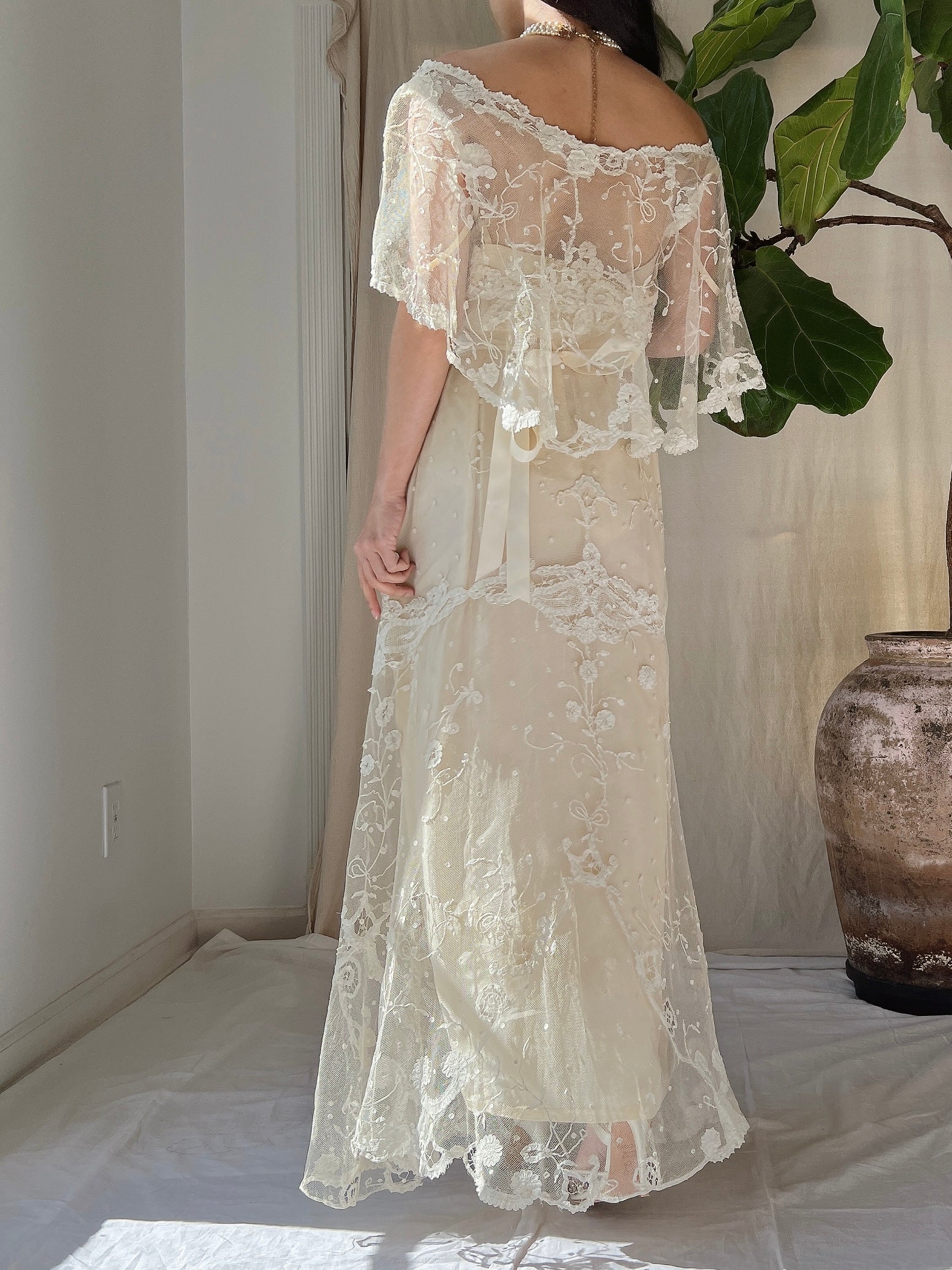 Antique Duchesse Lace Gown with Silk Slip - S