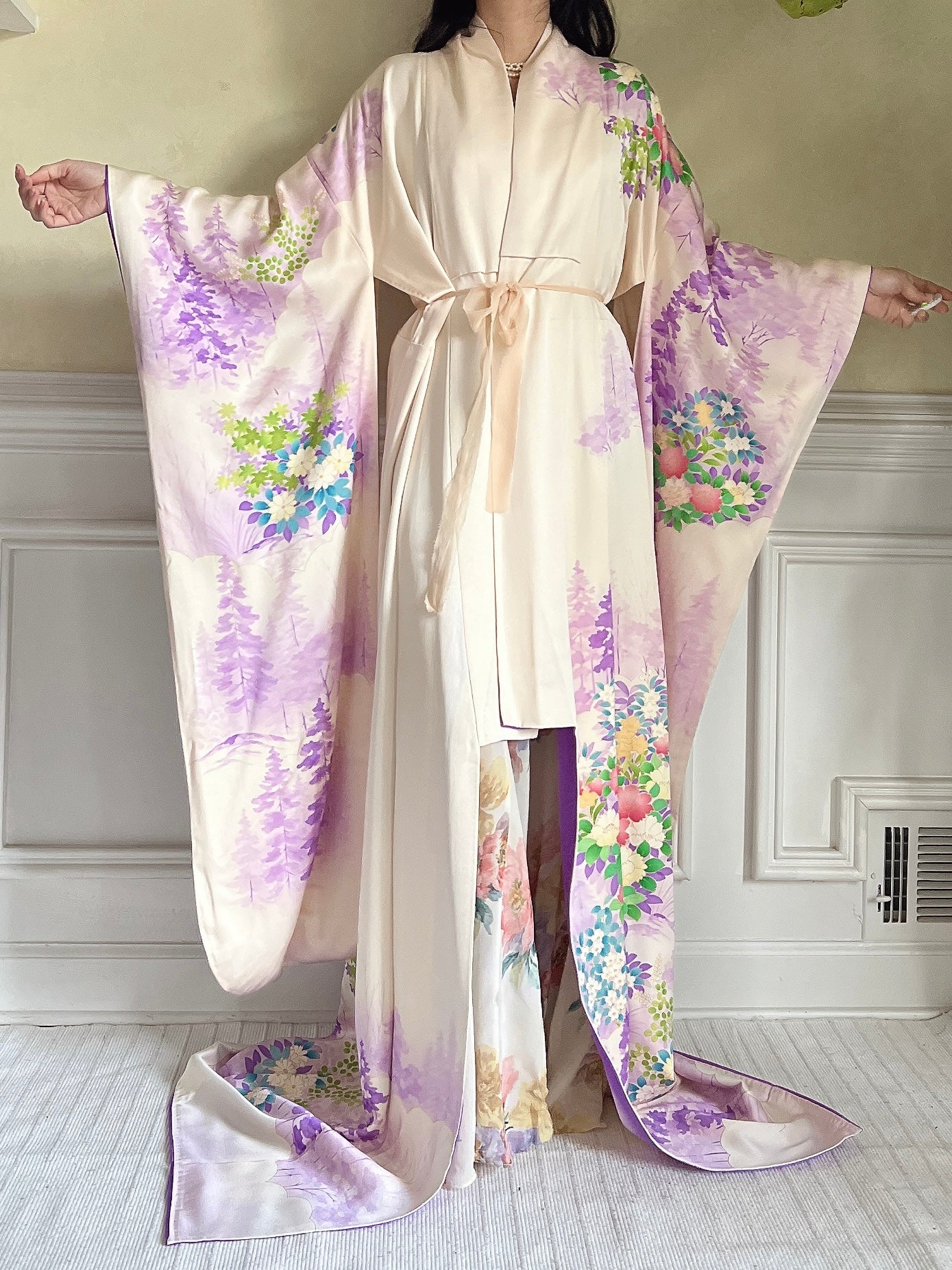 Vintage Lavender Trees and Floral Silk Kimono - OSFM