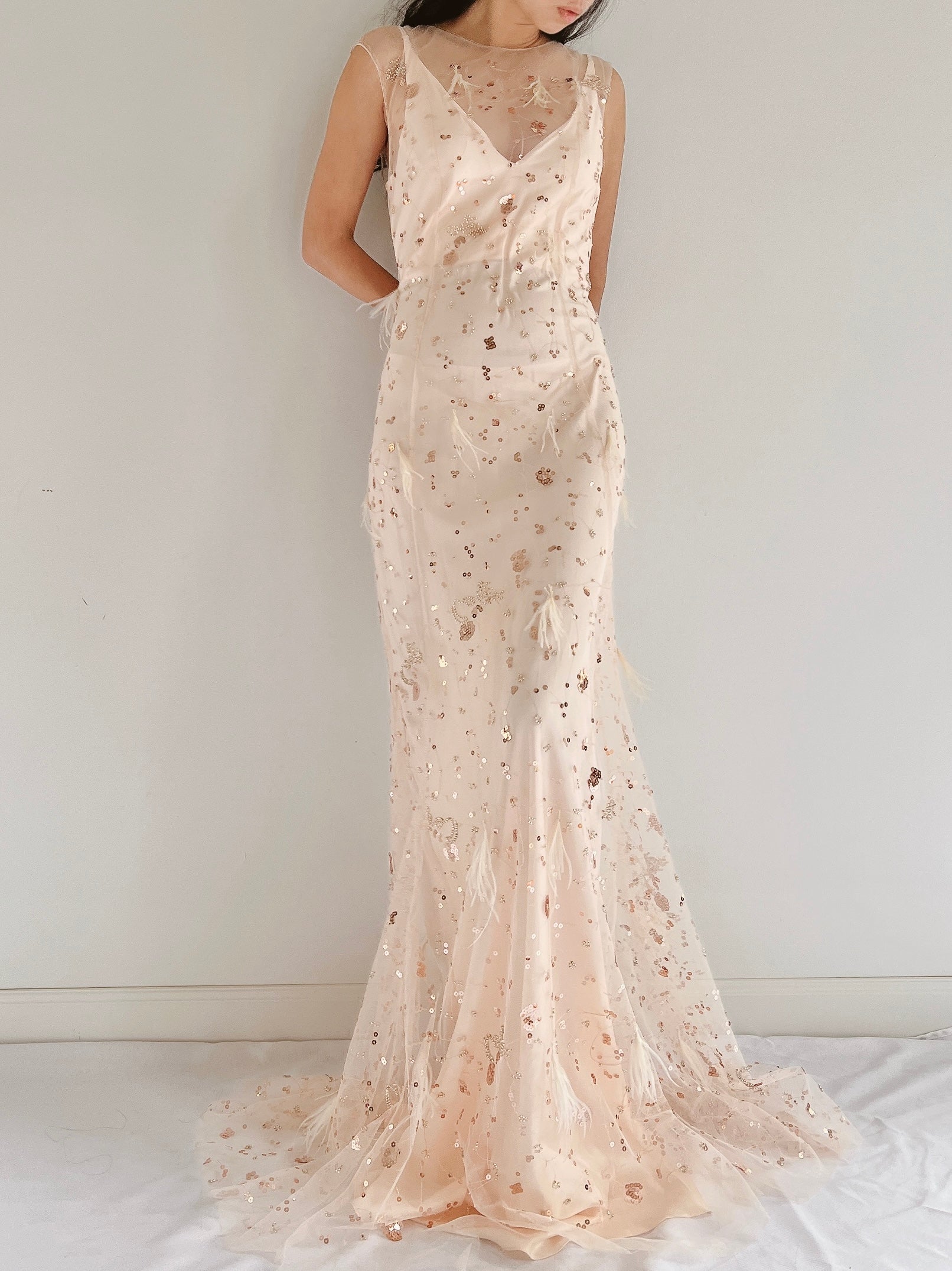 GOSSAMER Tulle Peach Sequins and Feather Gown - S/M