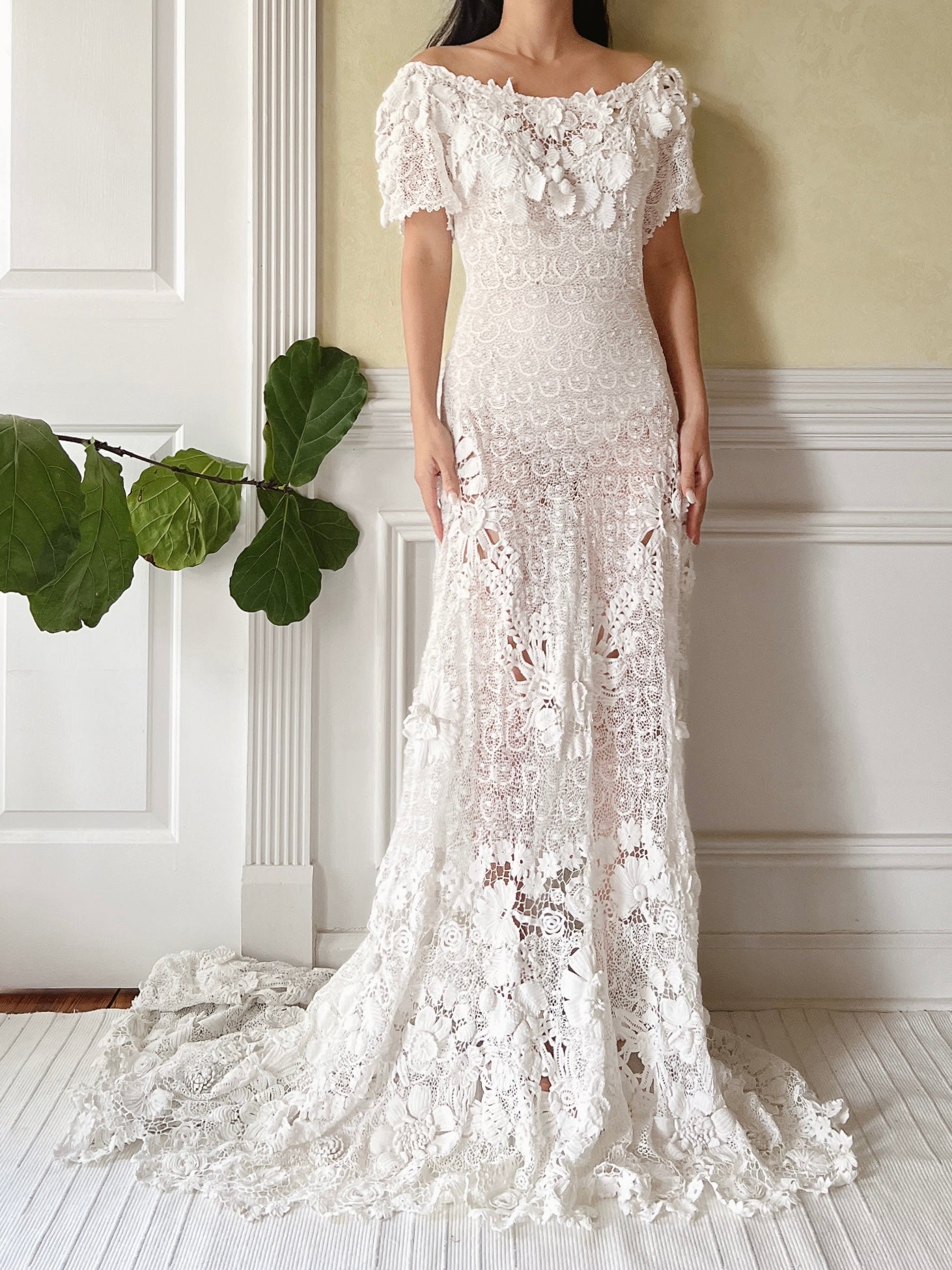 One-of-a-Kind Antique Irish Lace Trained Gown - XS