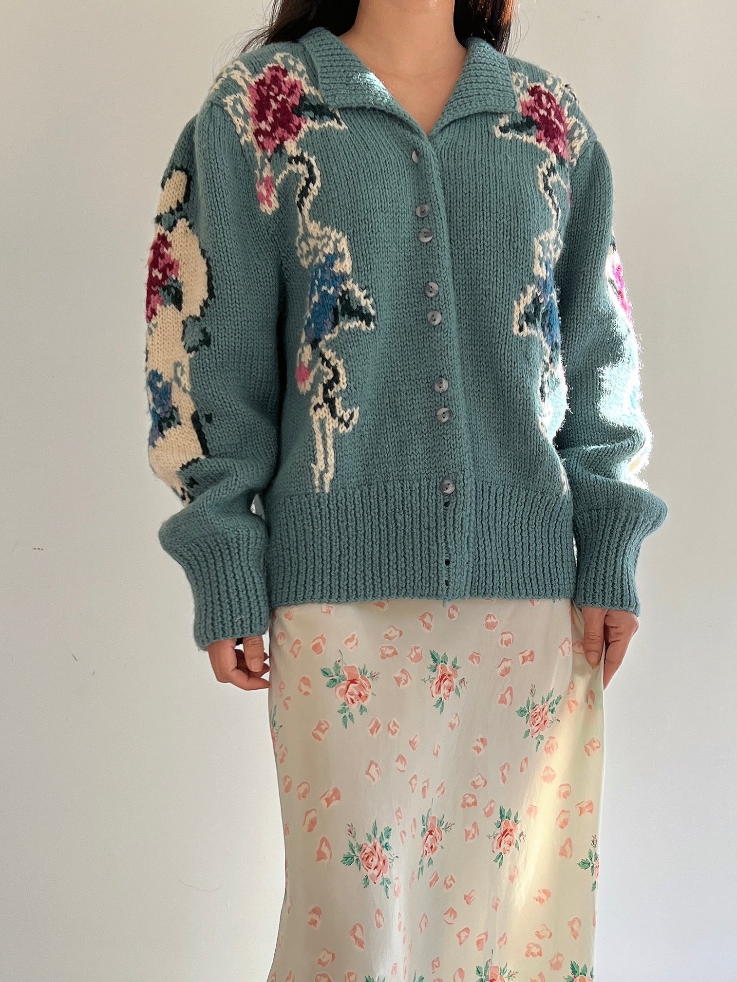 Vintage Teal Acrylic Cardigan - M