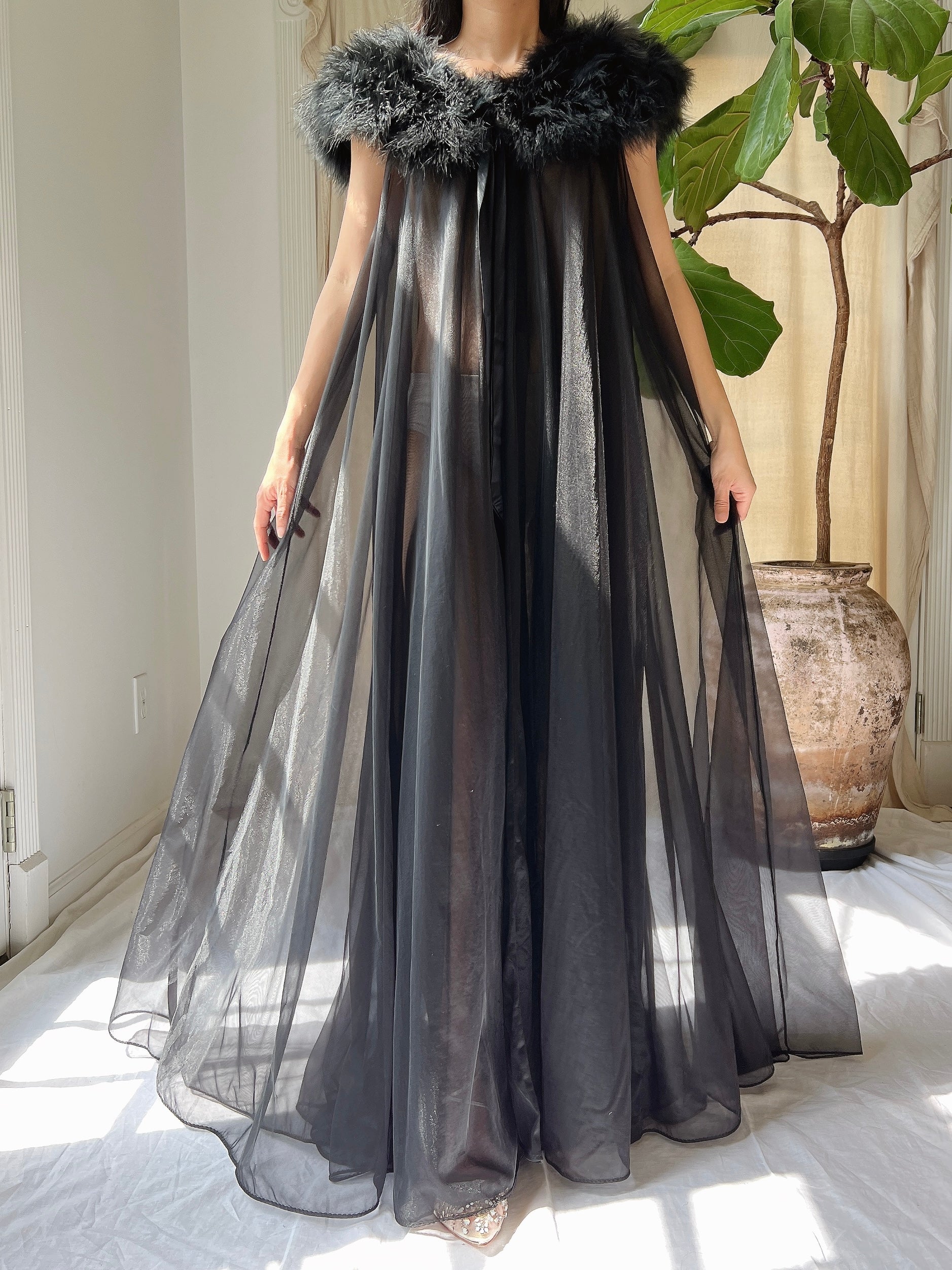 Vintage Feather Collar Nylon Dressing Gown - OSFM