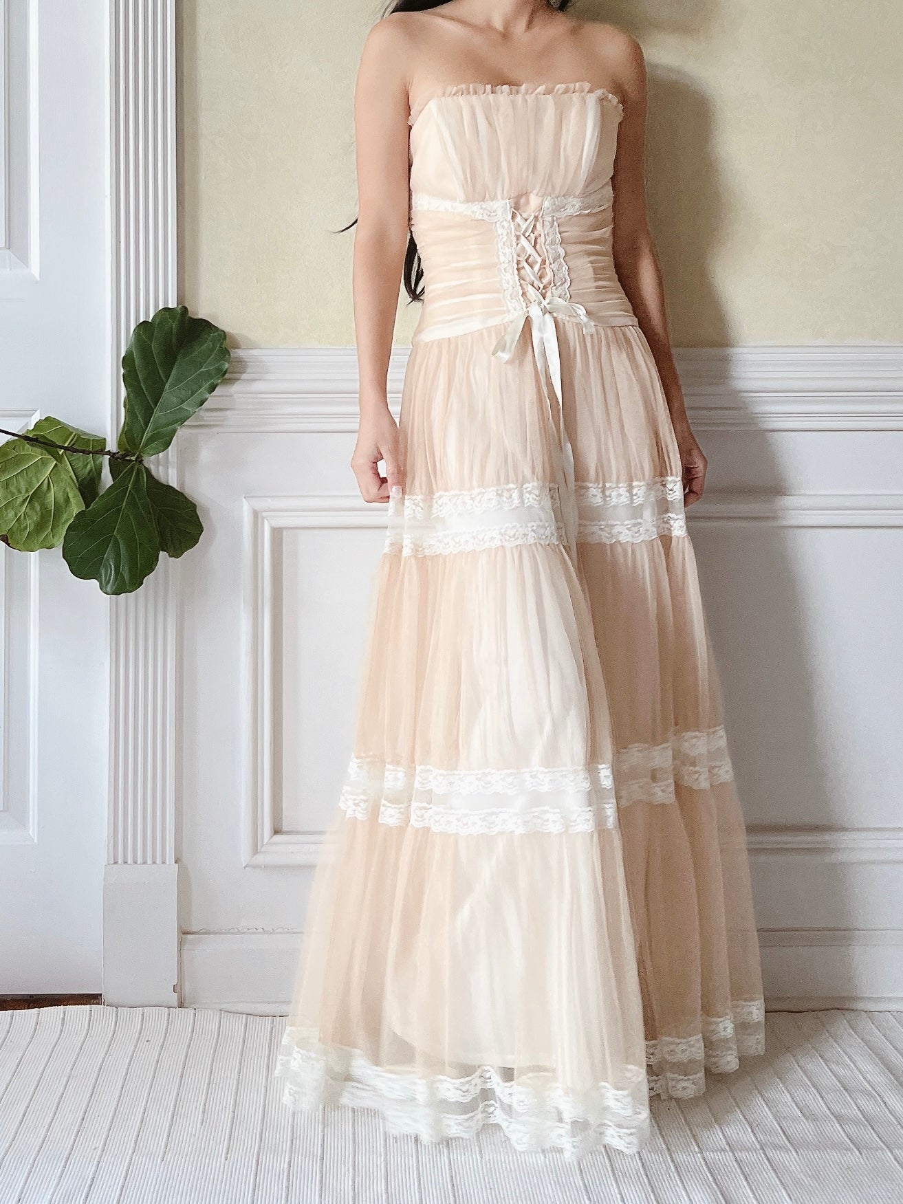 Vintage Beige Ruche Dress - XS/2