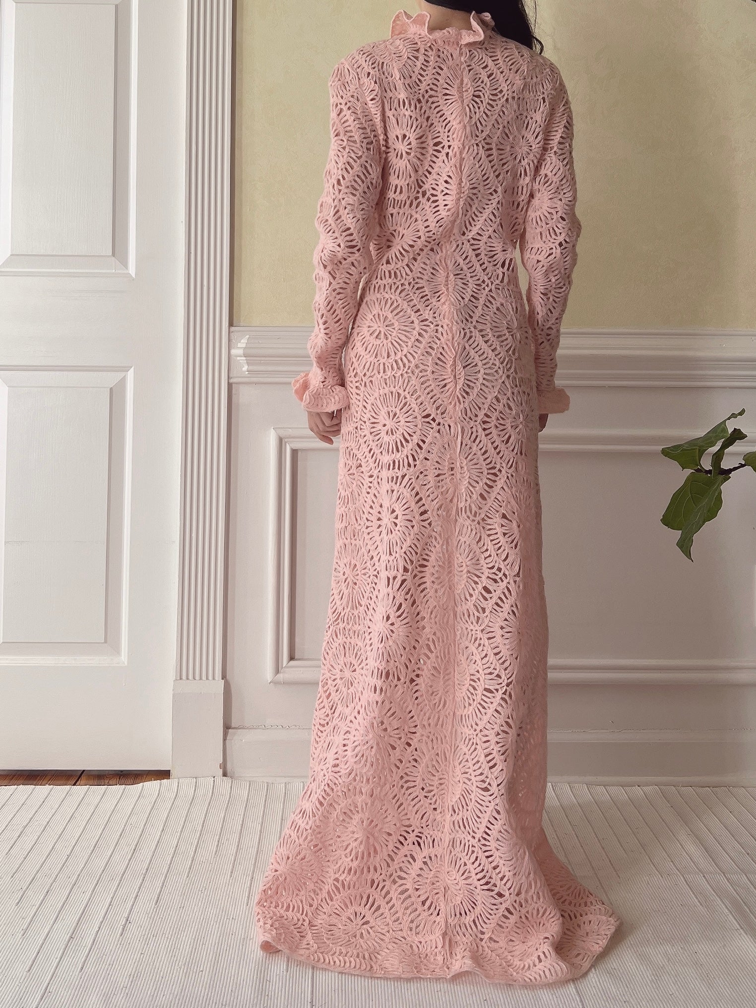 Vintage Pink Crochet Gown - M