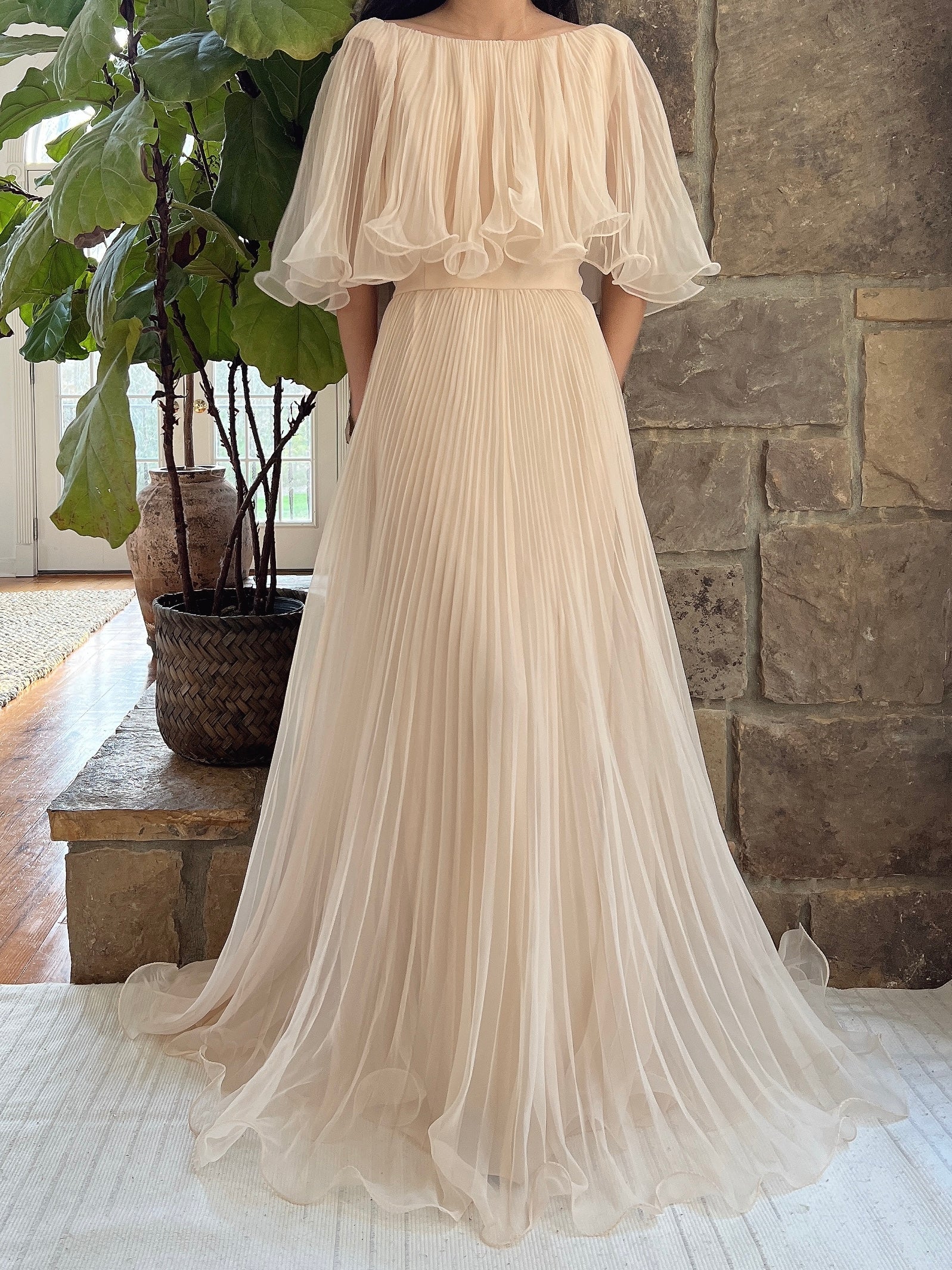 1960s Almond Pleated Chiffon Dress - S