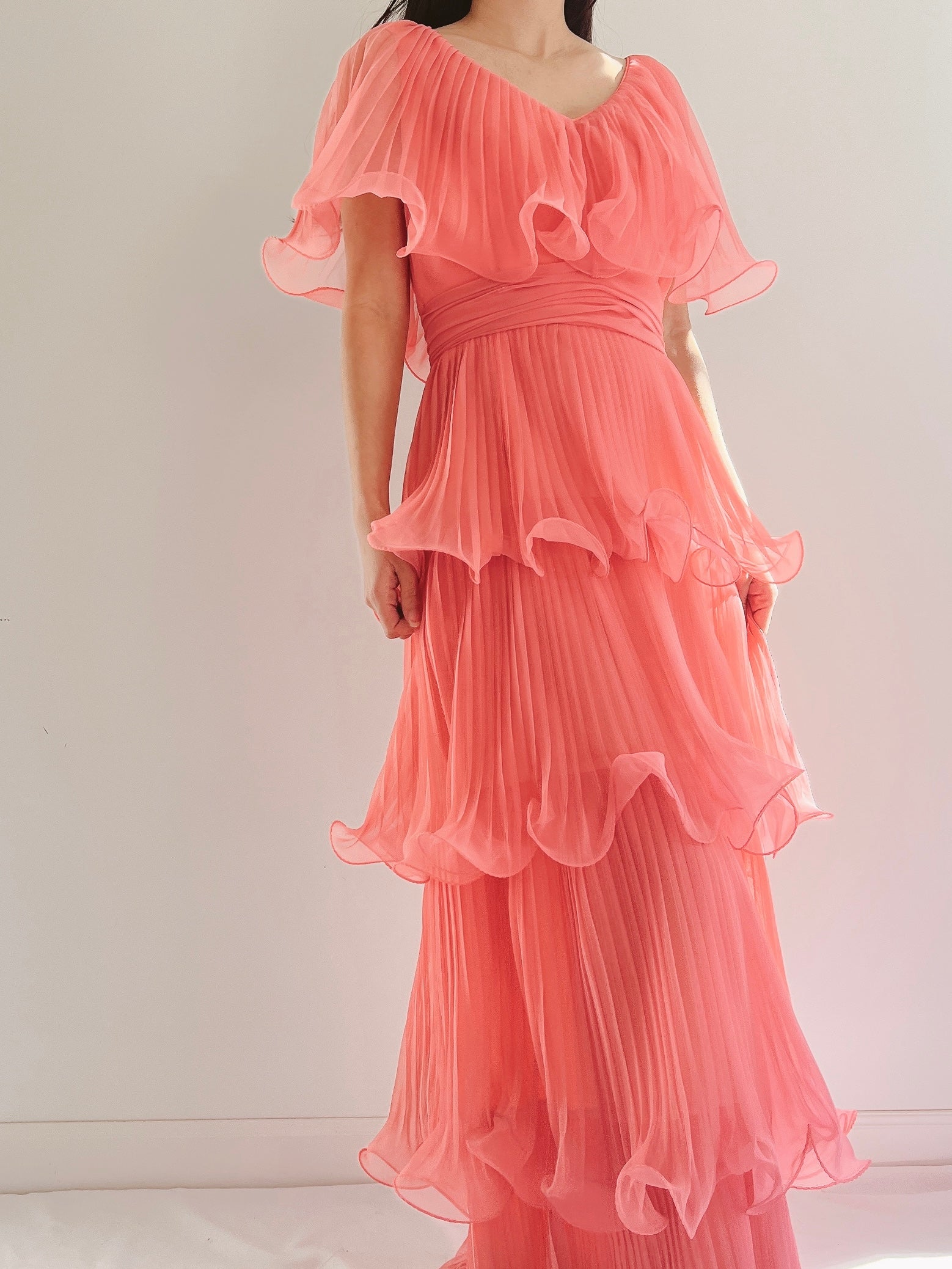 1970s Coral Pleated Chiffon Dress - S