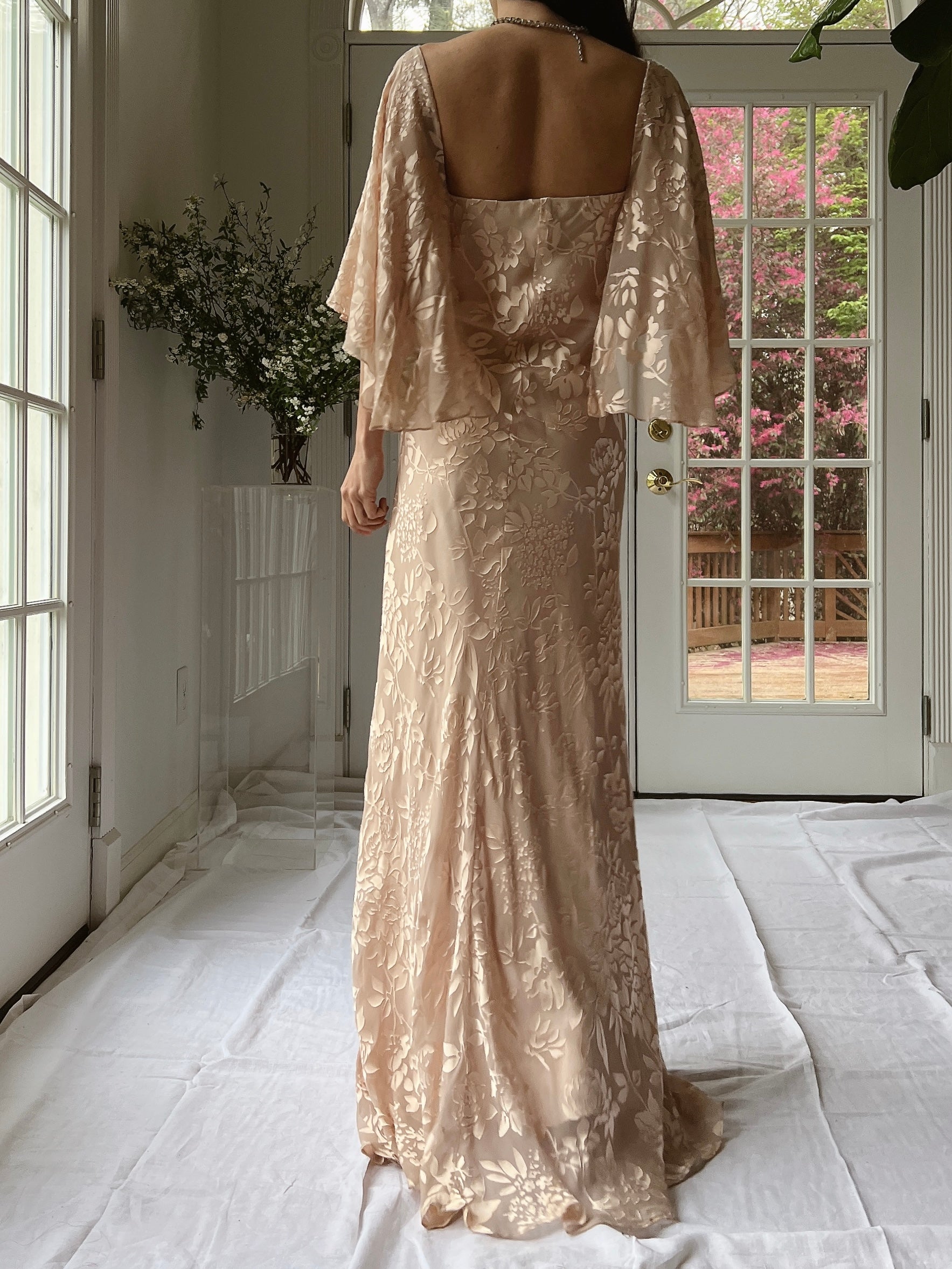 Vintage Chiffon Devore Cape Sleeves Gown - M