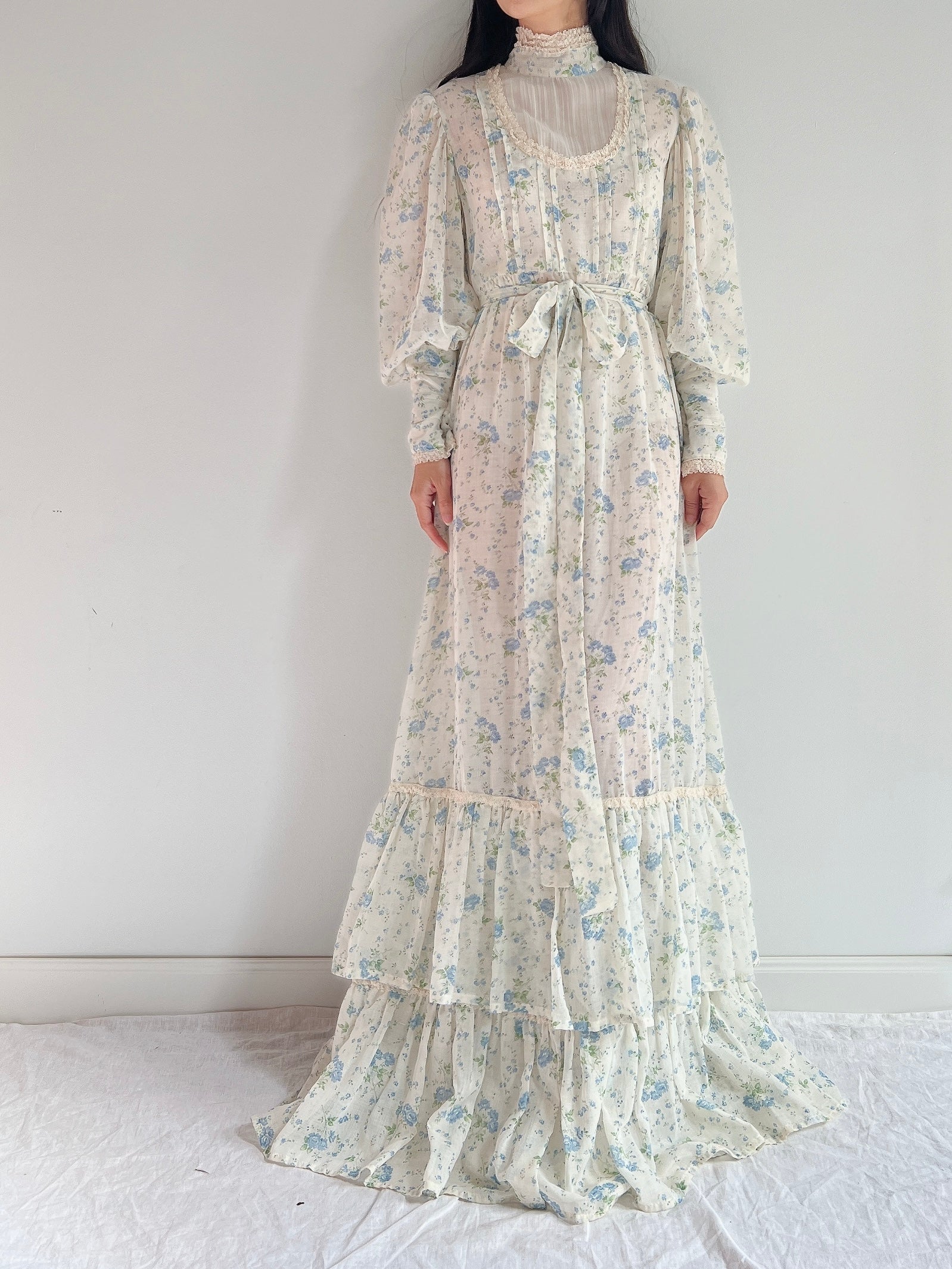 1970s Puff Sleeve Cotton Calico Dress - M