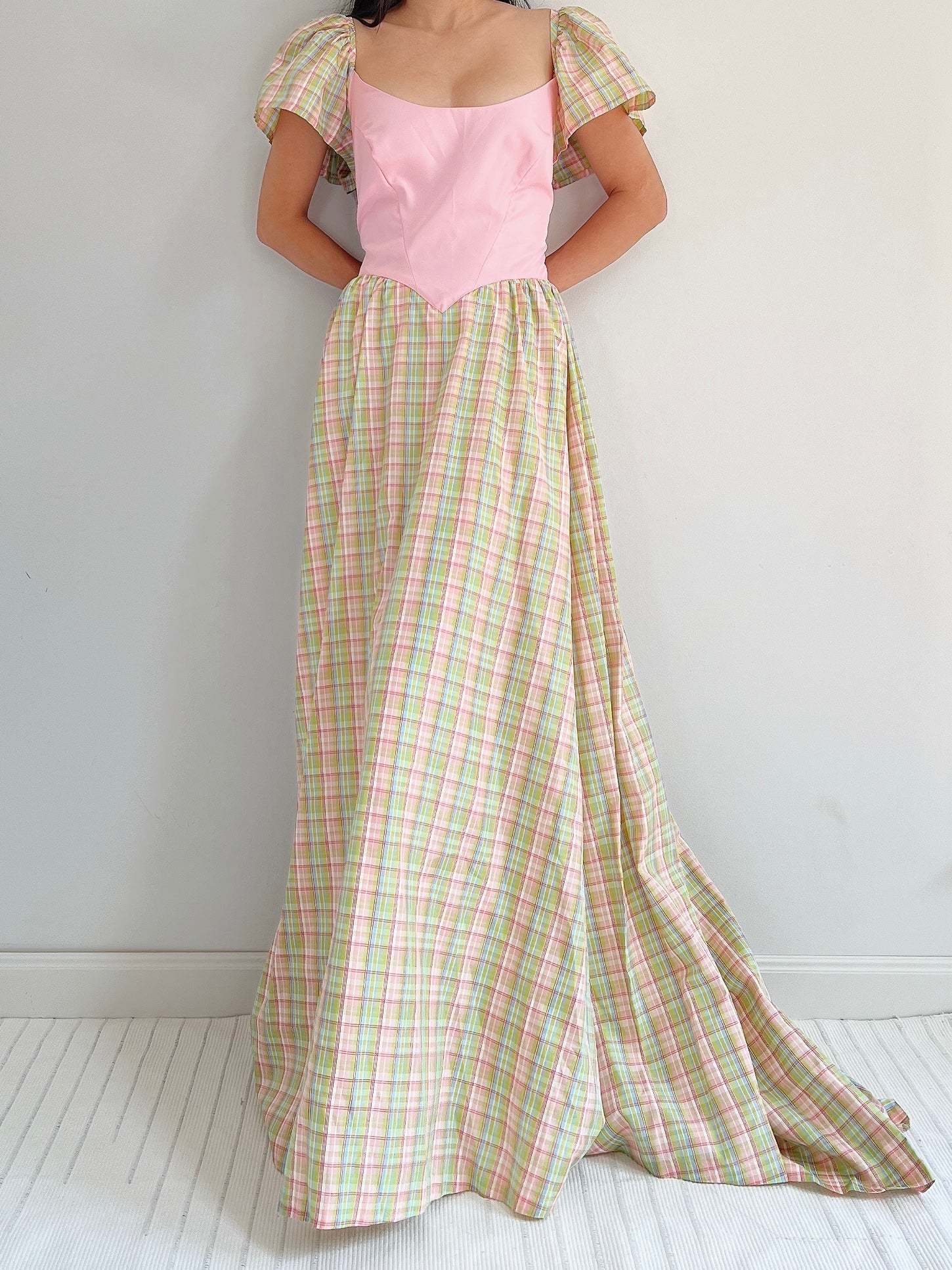 1970s Vintage Plaid Taffeta Dress - M