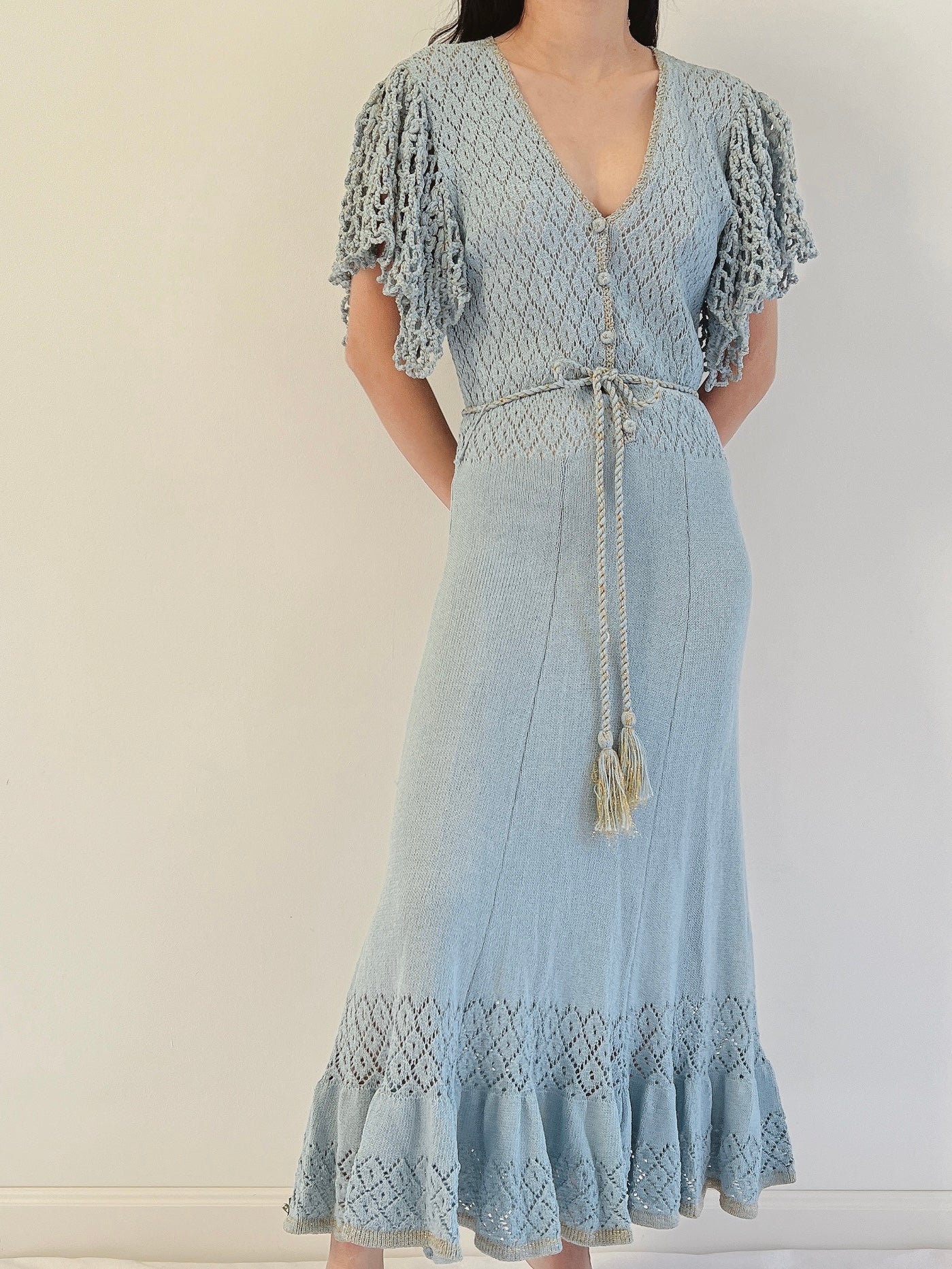 1970s Flutter Sleeves Crochet Dress - XS-M