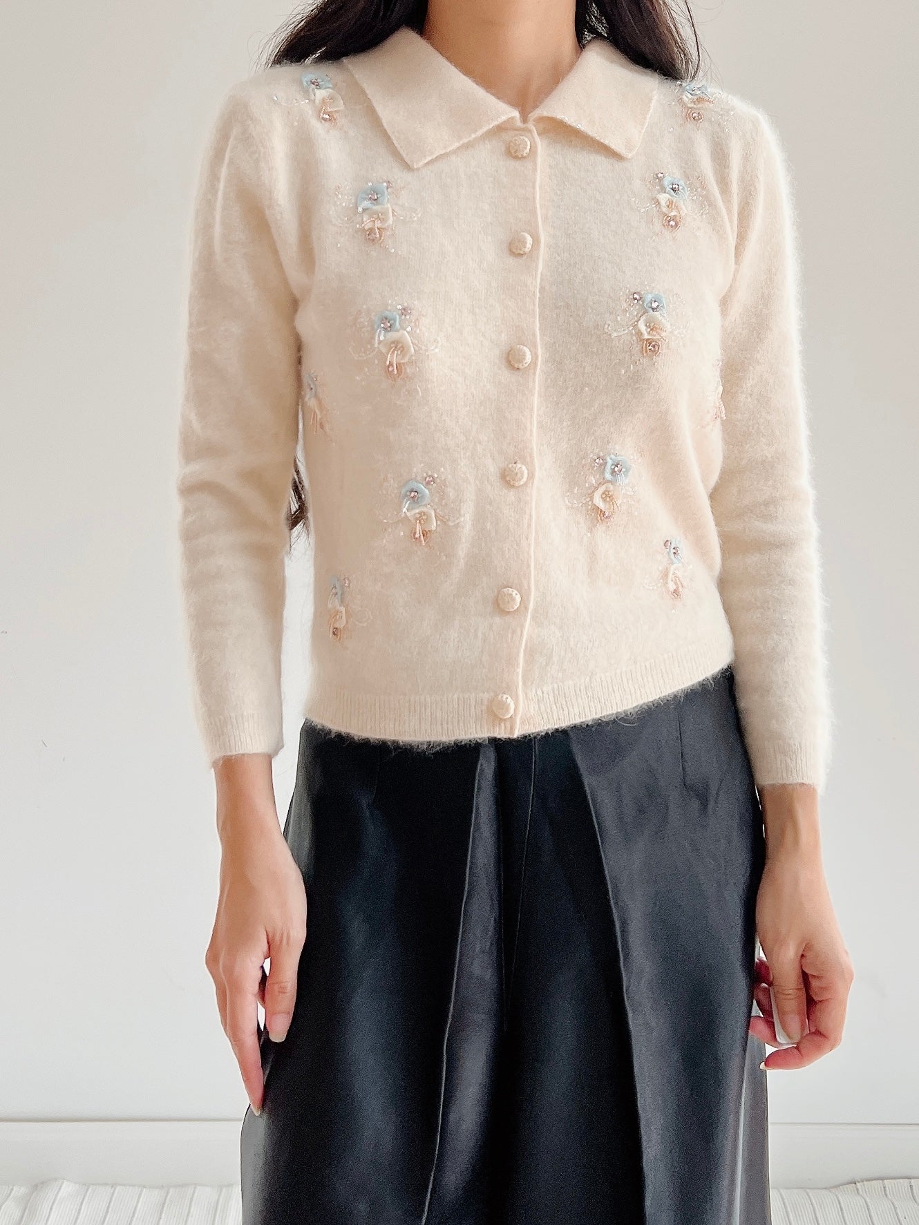 Vintage Beaded 3/4 Sleeve Angora Cardigan - XS