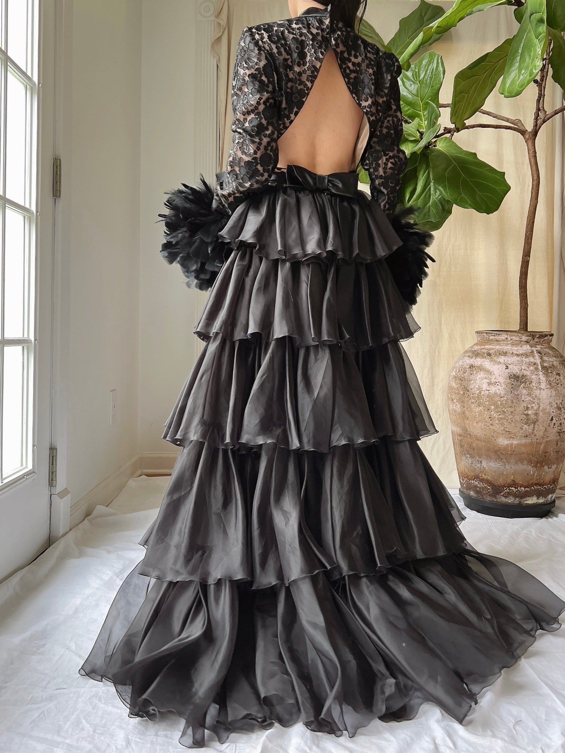 Vintage Organza Feather Sleeve Dress - XS/S