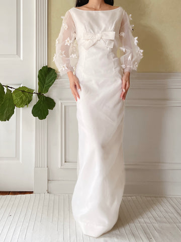 1960s Jean Varon Crinkle Organza Dress with Appliqués - S/M