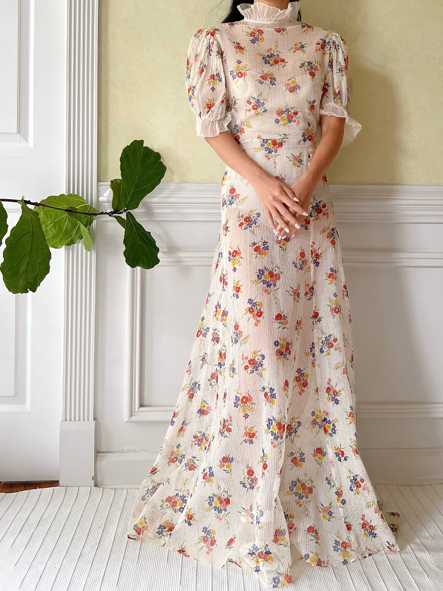 1930s Textured Floral Organdy Dress - S/M