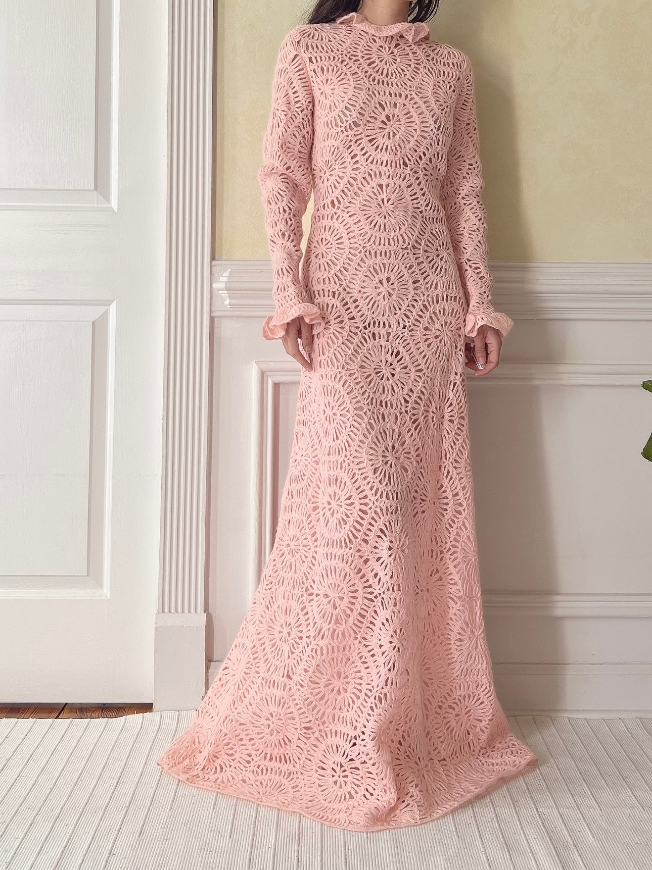 Vintage Pink Crochet Gown - M