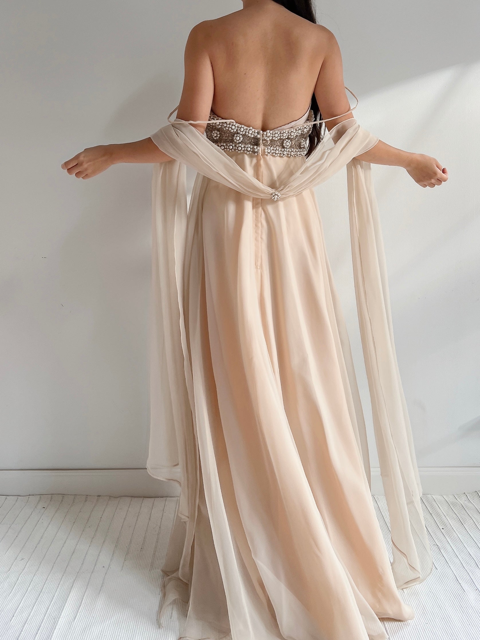 1960s Empire Chiffon Beaded Gown - XS