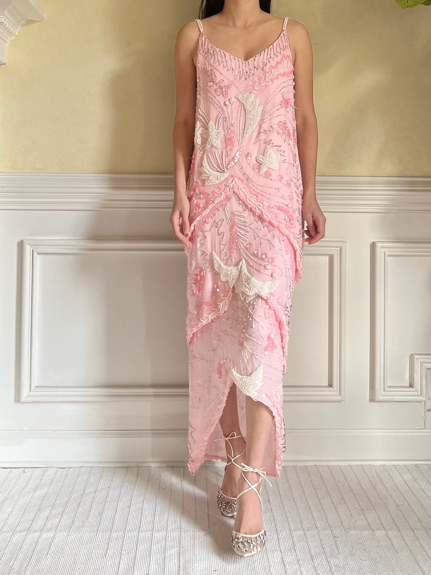 Vintage Pink Silk Beaded Dress - S-M