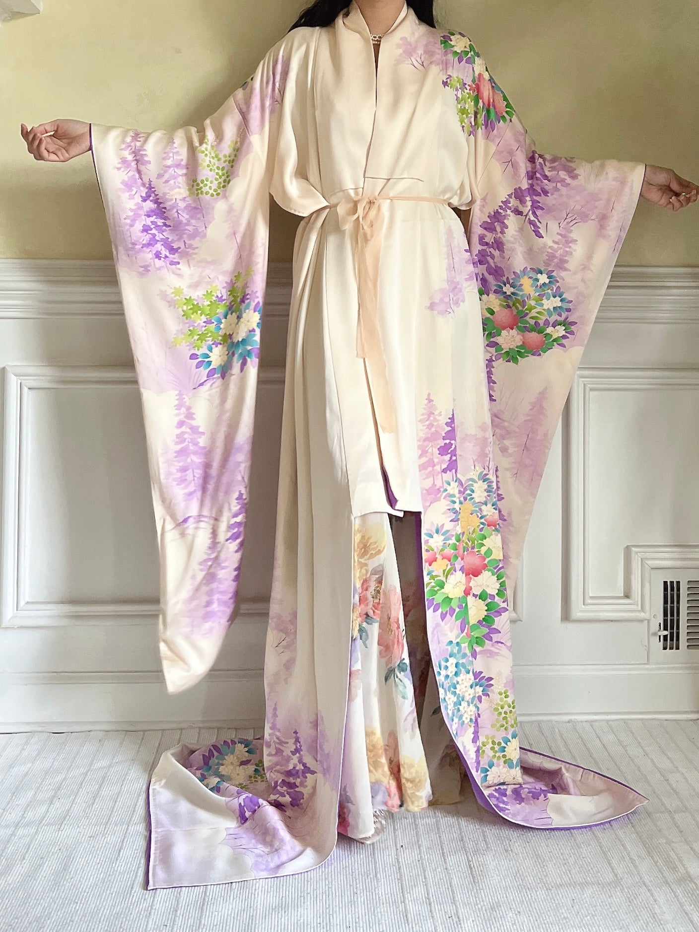 Vintage Lavender Trees and Floral Silk Kimono - OSFM