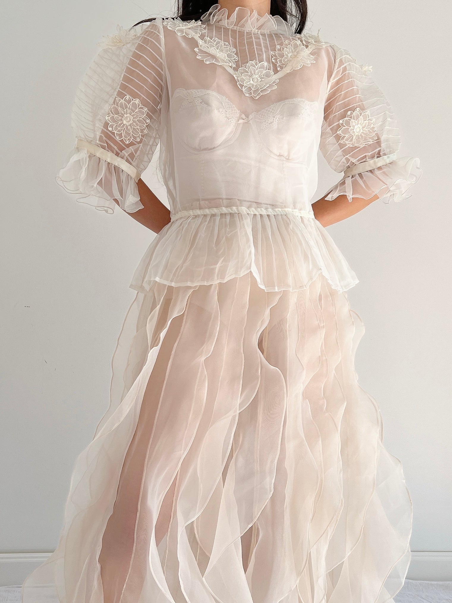 Vintage Organza Puff Sleeve Top - M
